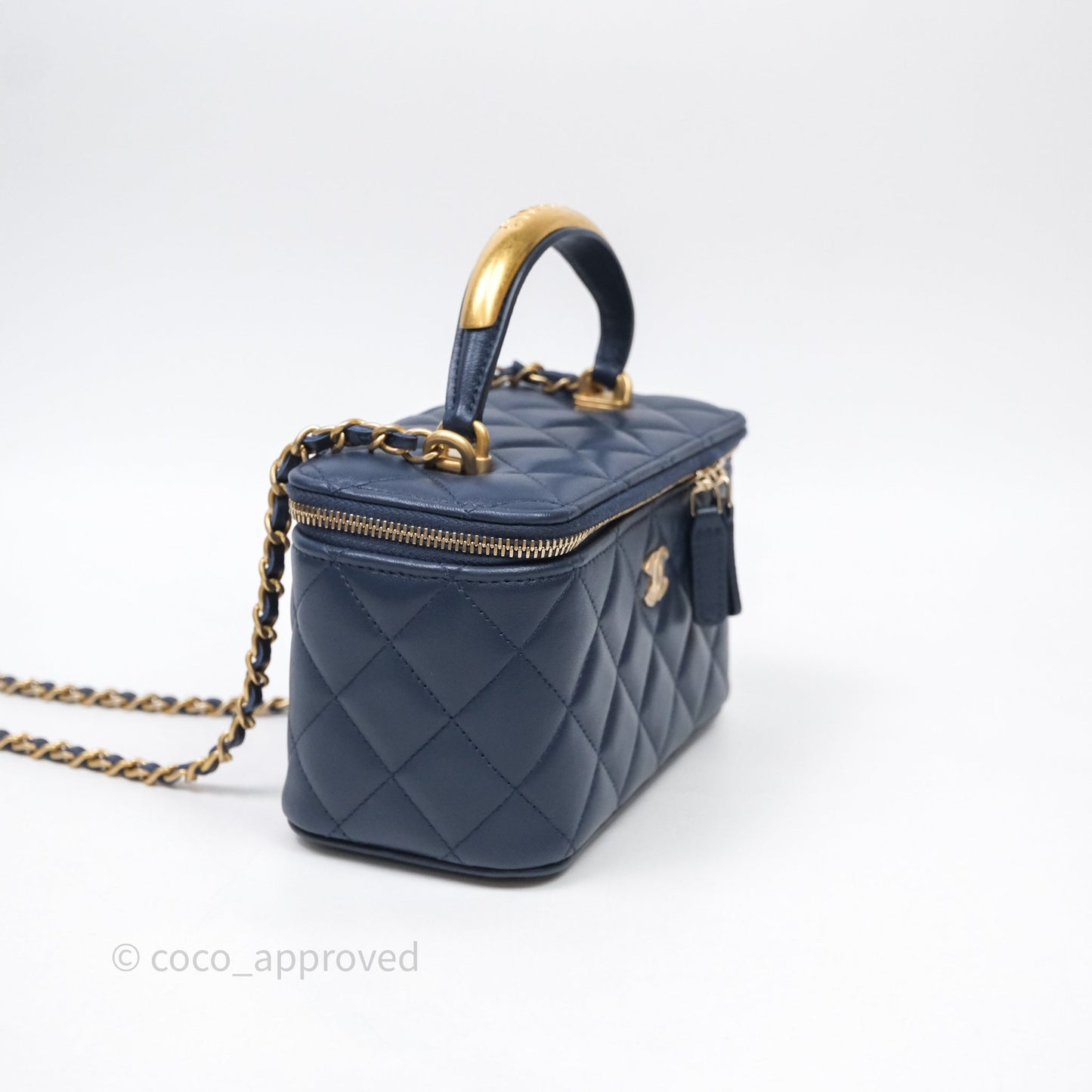 Chanel Vanity Rectangular Metal Top Handle Navy Lambskin Aged Gold Hardware
