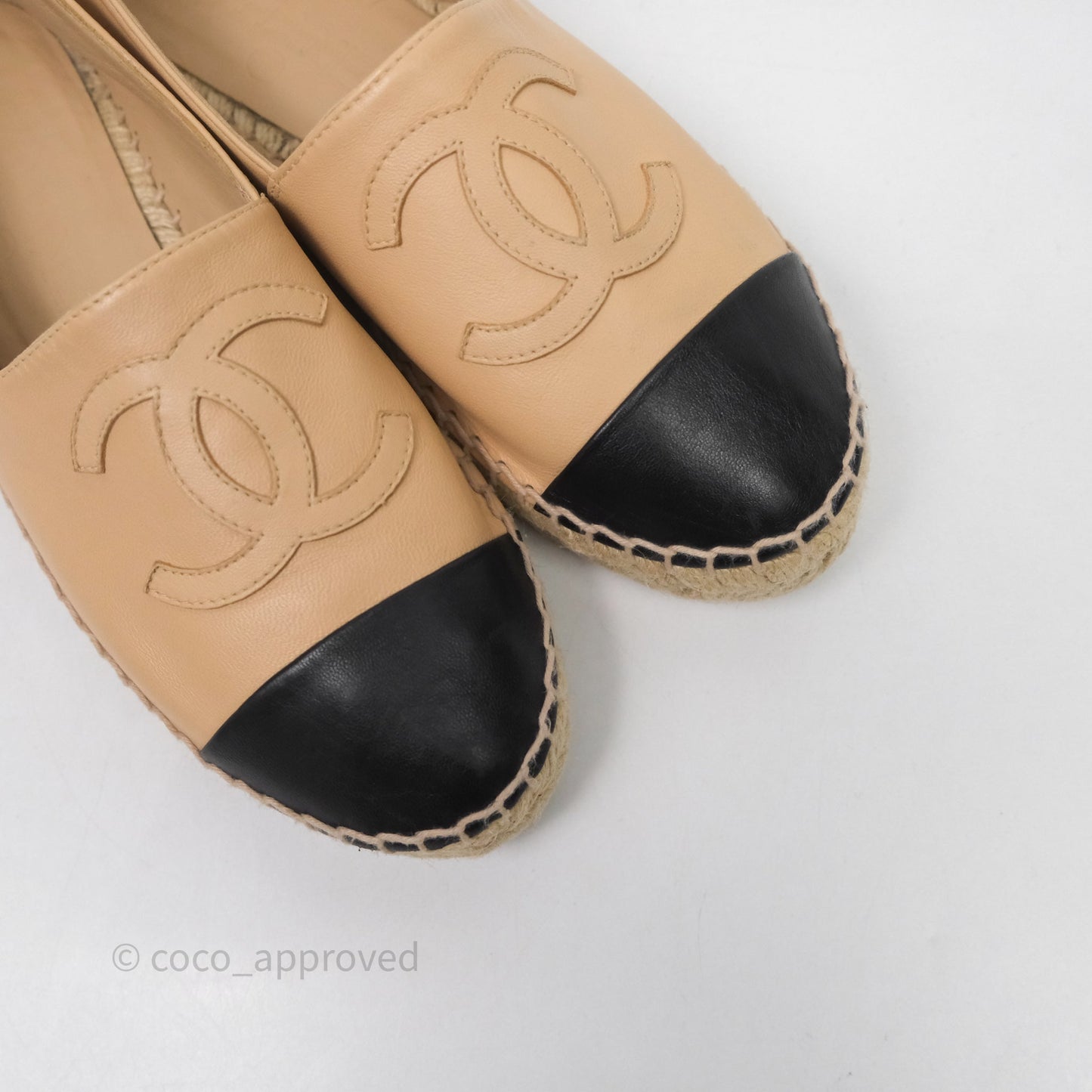 Chanel CC Espadrilles Beige Black Lambskin Size 37