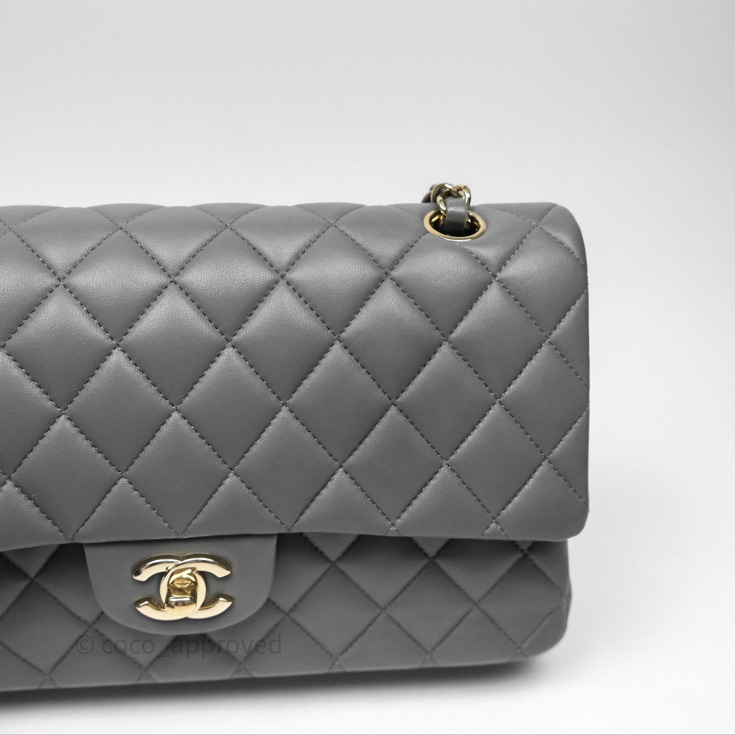 Chanel Classic M/L Medium Flap Quilted Grey Lambskin Gold Hardware