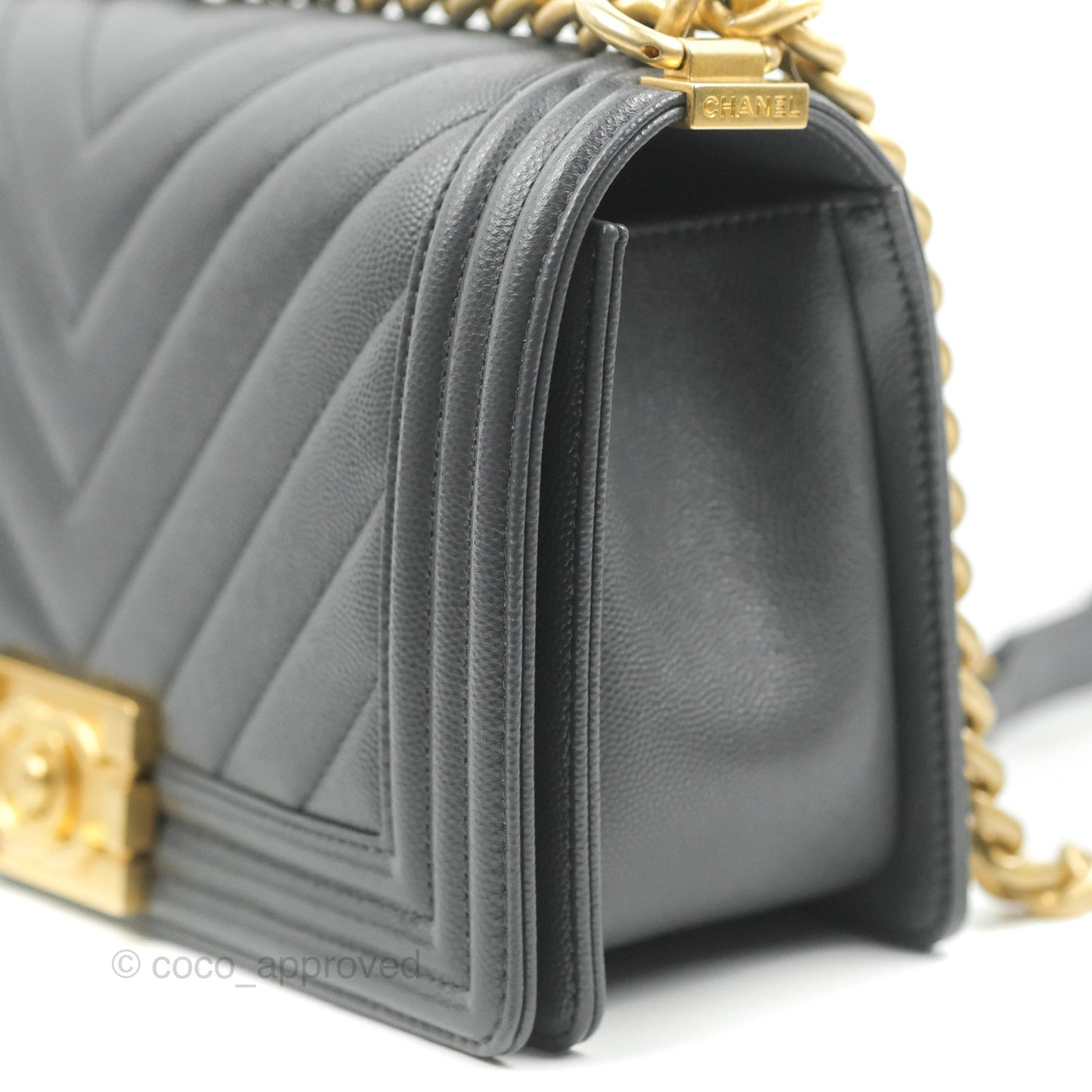 Chanel Chevron Medium Boy Dark Grey Caviar Aged Gold Hardware