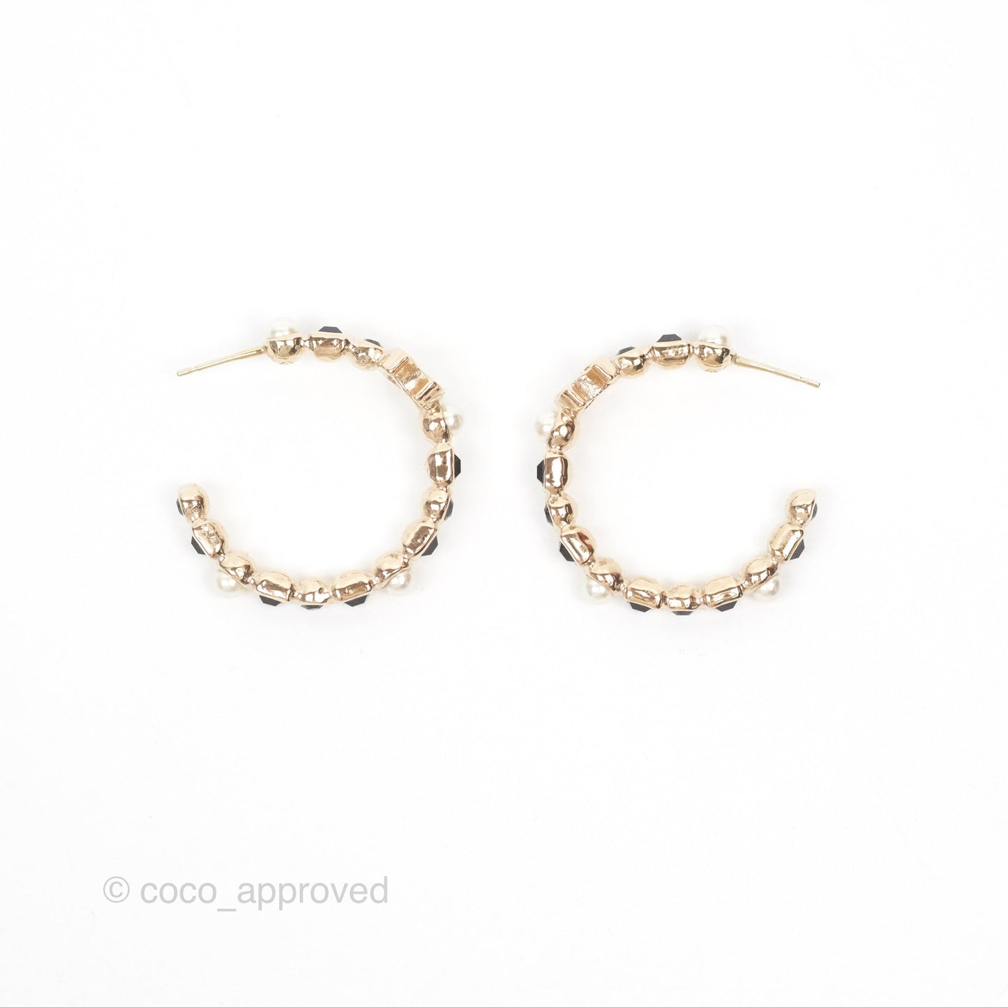 Chanel CC Pearl Black Rhinestone Hoop Earrings Gold Tone 23V