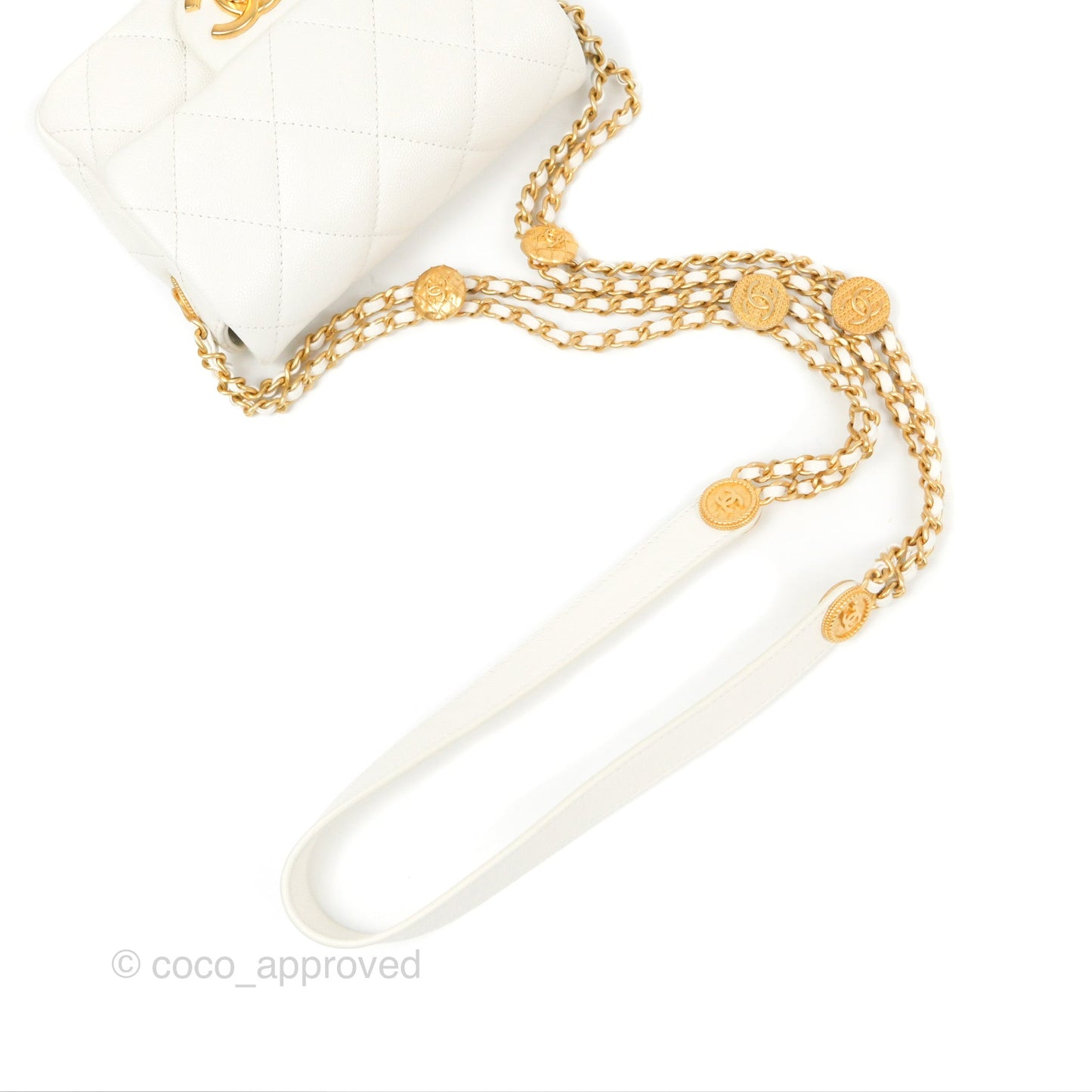 Chanel Mini Flap with Coin Charm White Caviar Aged Gold Hardware 22A