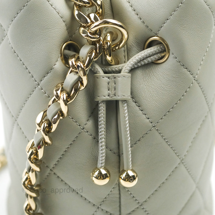 Chanel Quilted Drawstring Bucket Bag Grey Lambskin Gold Hardware 22C