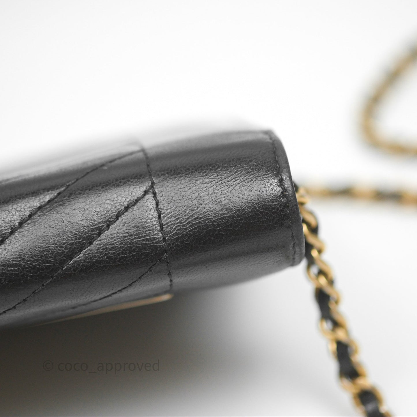 Chanel Reversed Chevron Wallet On Chain WOC Black Lambskin Aged Gold Hardware