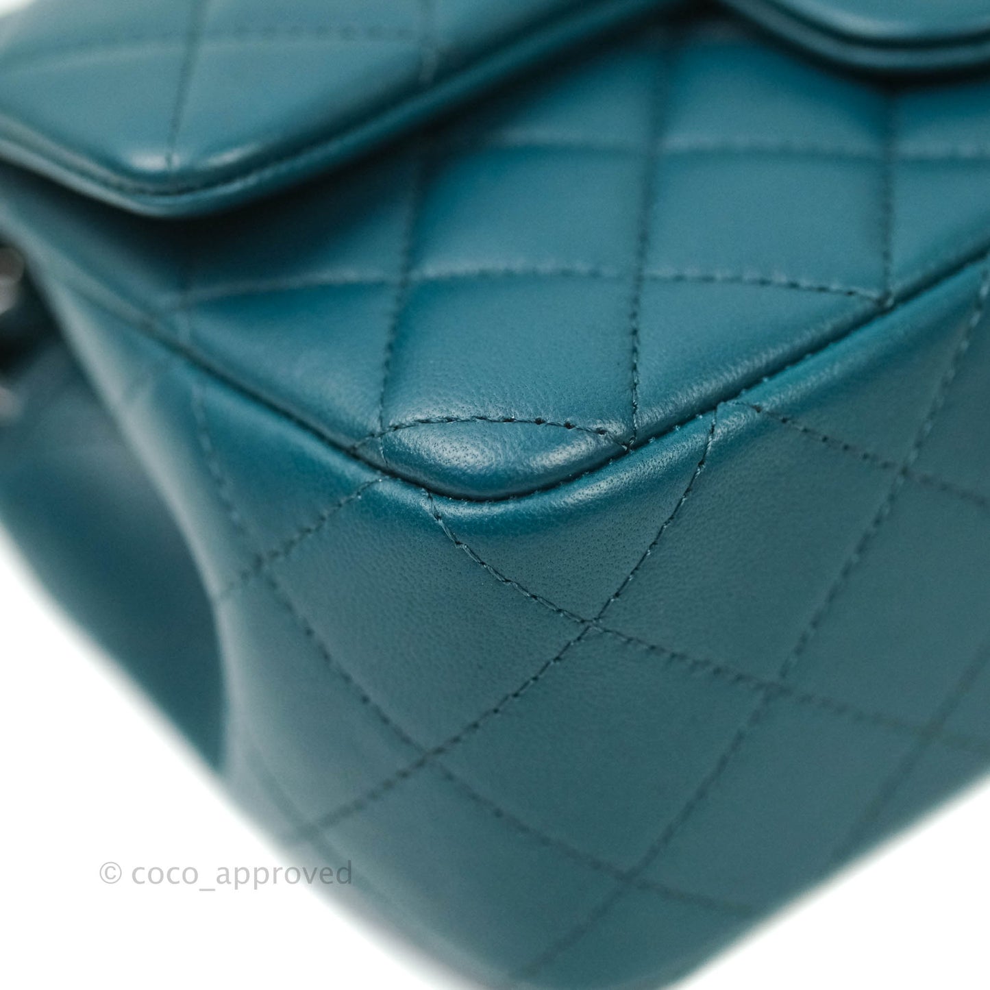 Chanel Quilted Mini Rectangular Lambskin Flap Bag Teal Silver Hardware