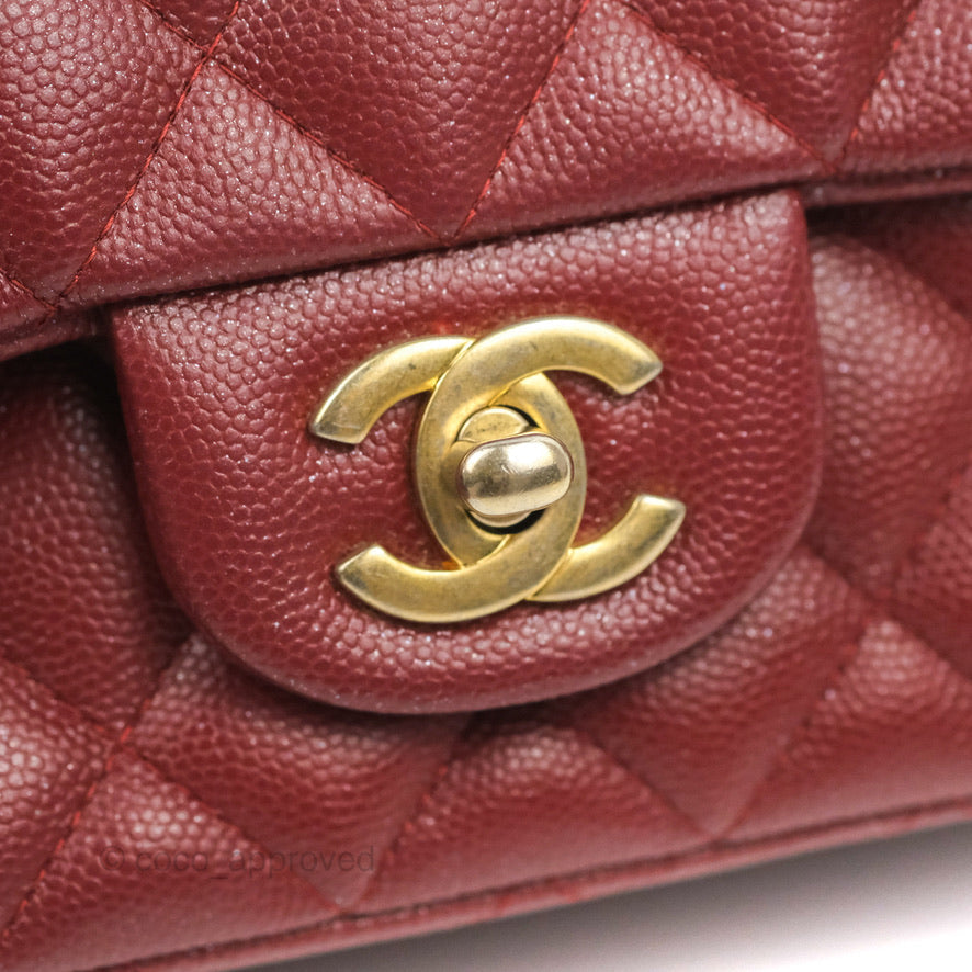 Chanel Classic Quilted Mini Rectangular Flap Iridescent Burgundy Caviar Aged Gold Hardware