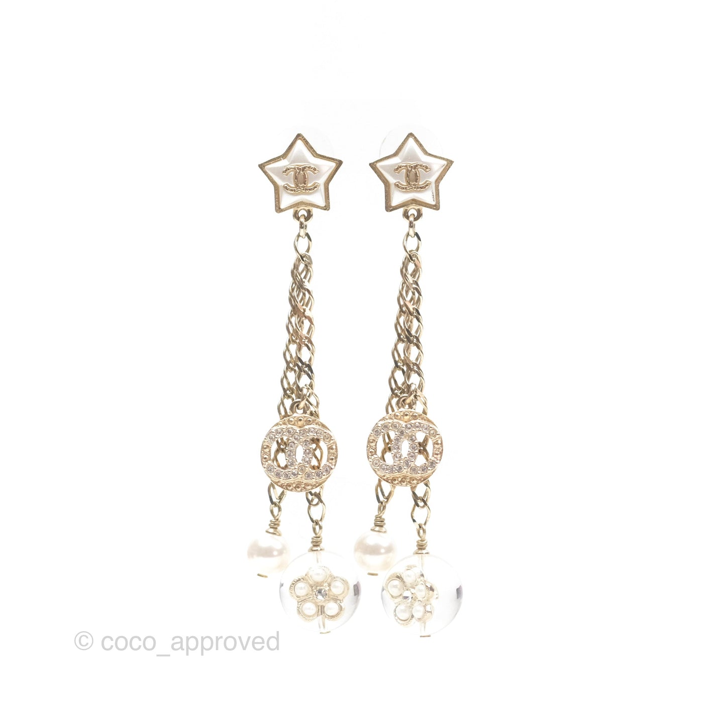 Chanel Star Crystal CC Pearl Ball Drop Earrings Gold Tone 19K