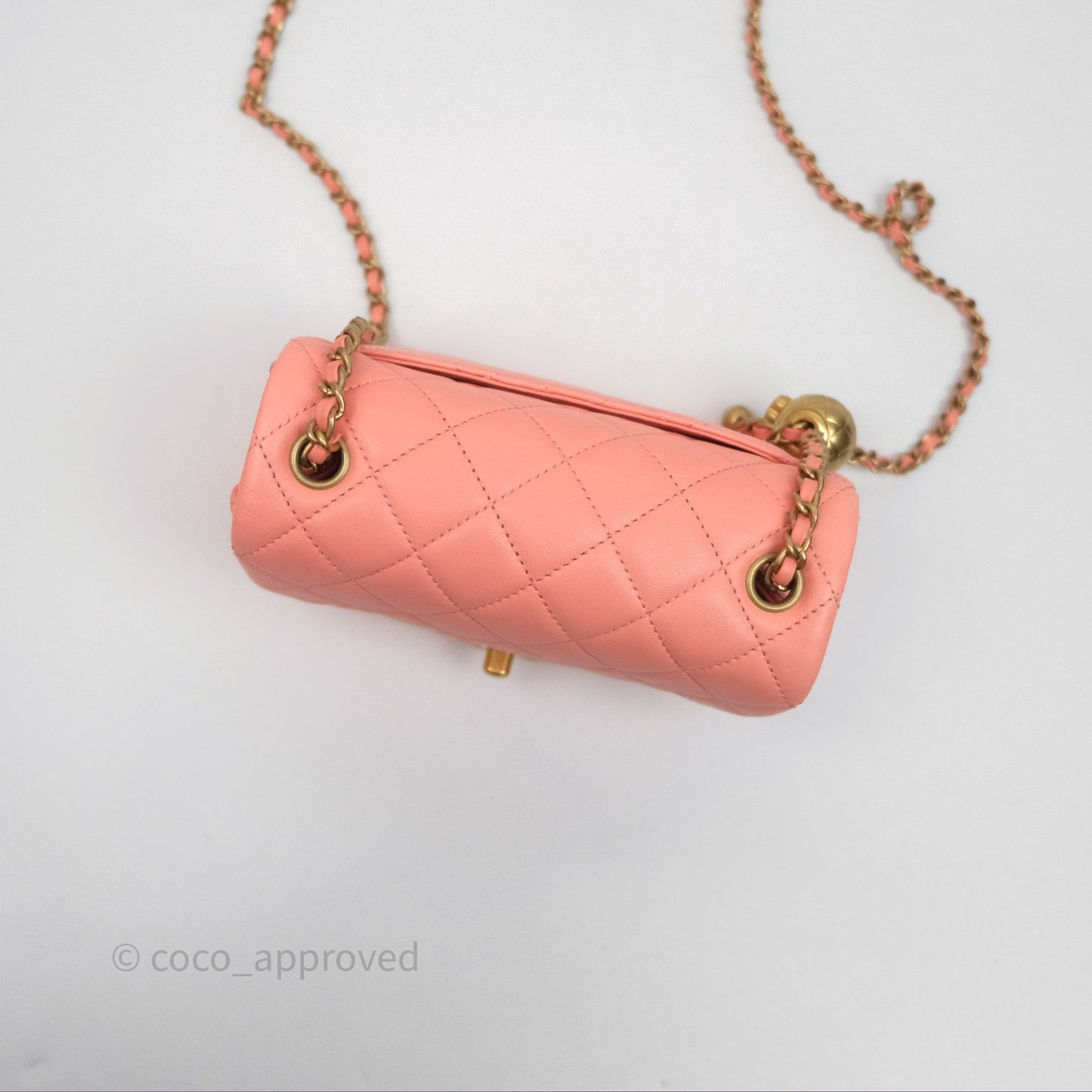 Chanel Pearl Crush Mini Square Quilted Peachy Pink Lambskin Aged Gold Hardware