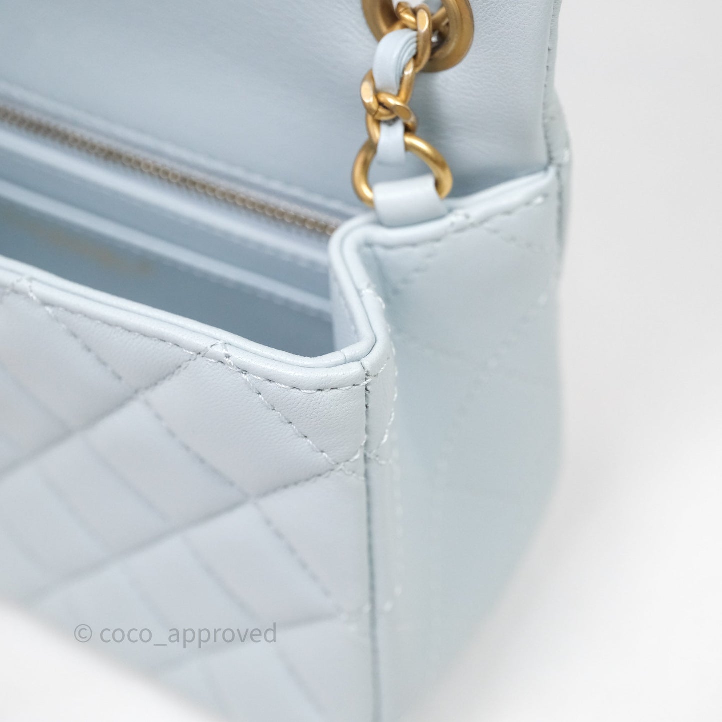Chanel Pearl Crush Mini Rectangular Light Blue Lambskin Aged Gold Hardware