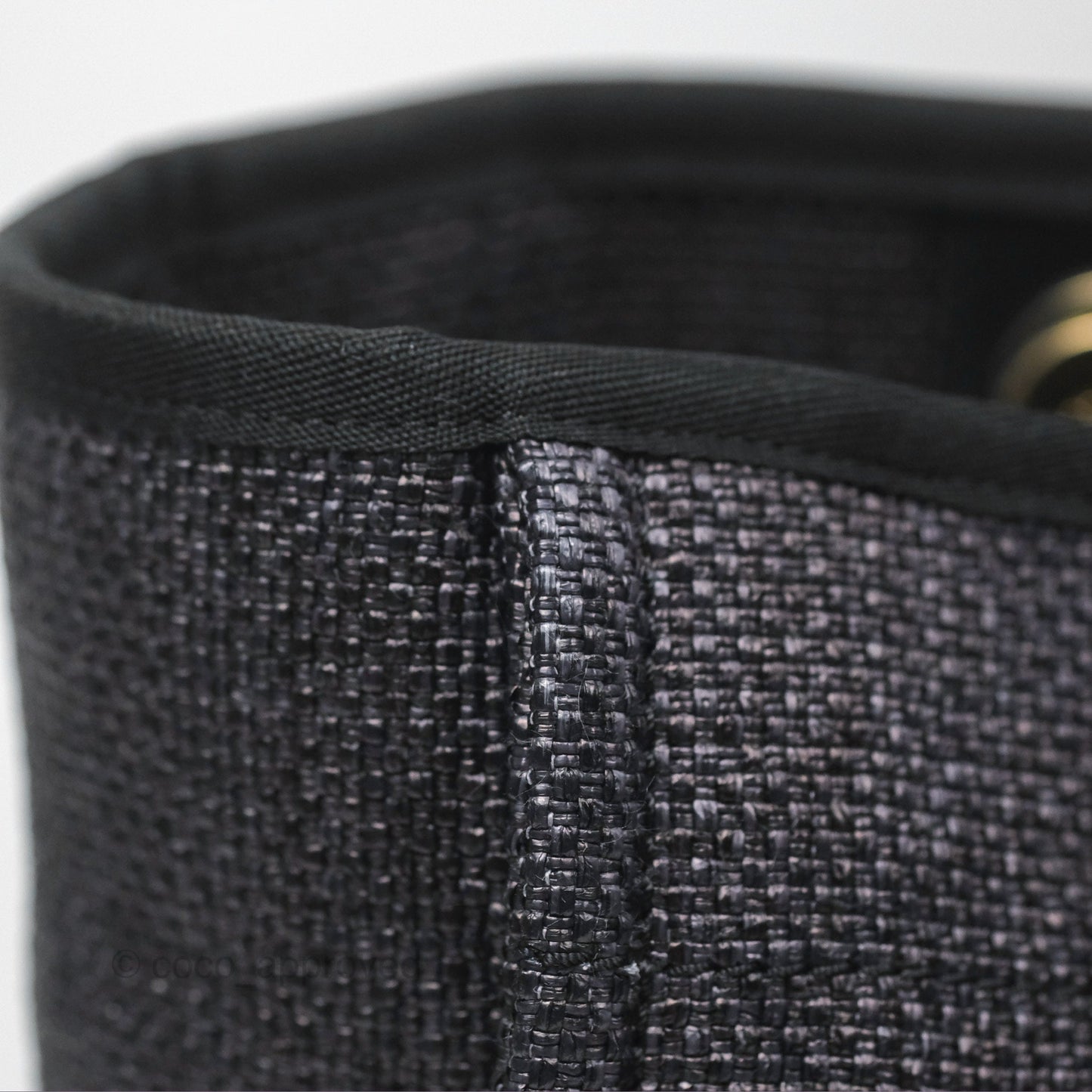 Chanel Medium Deauville Tote Black Dark Grey Raffia Woven Gold Hardware