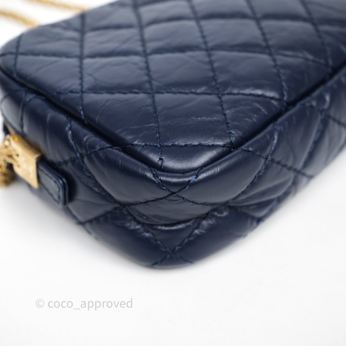 Chanel Quilted Mini Reissue Camera Case Navy Aged Calfskin Aged Gold Hardware