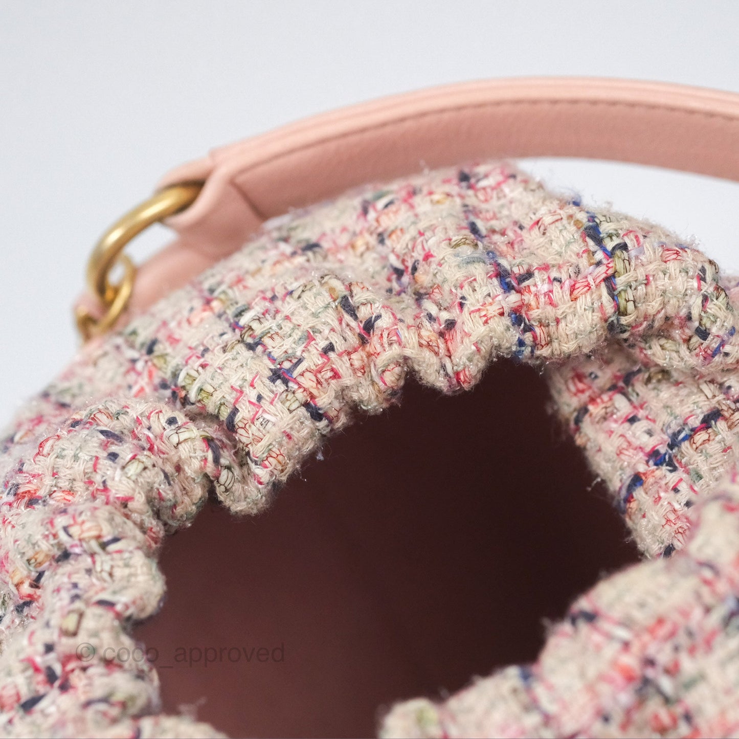 Chanel Quilted Top Handle Drawstring Bucket Bag Calfskin Tweed Pink Aged Gold Hardware