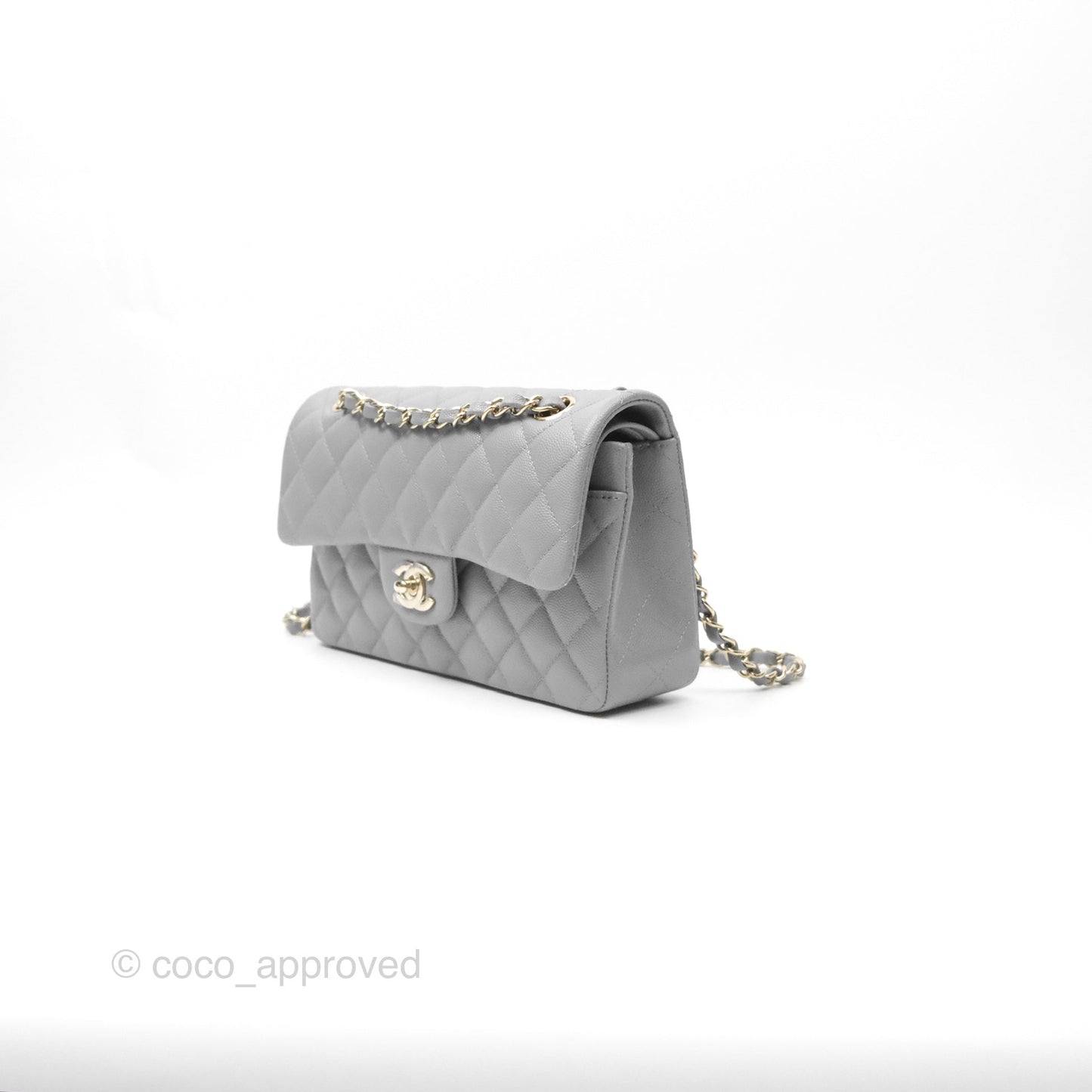 Chanel Small Classic Quilted Flap Grey Caviar Gold Hardware