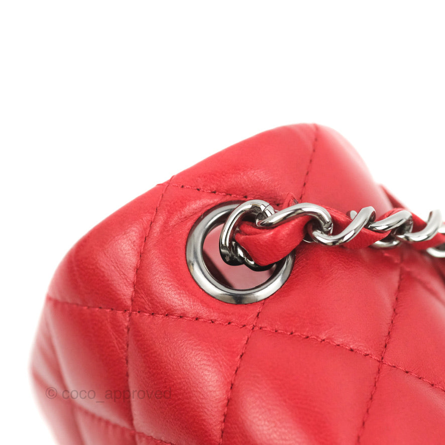 Chanel Quilted Mini Square Red Lambskin Gun Metal