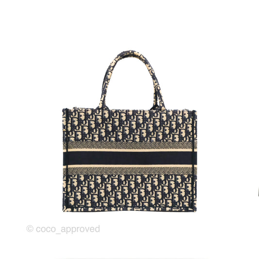 Christian Dior Medium (Old Small) Dior Navy Oblique Embroidery Canvas Book Tote