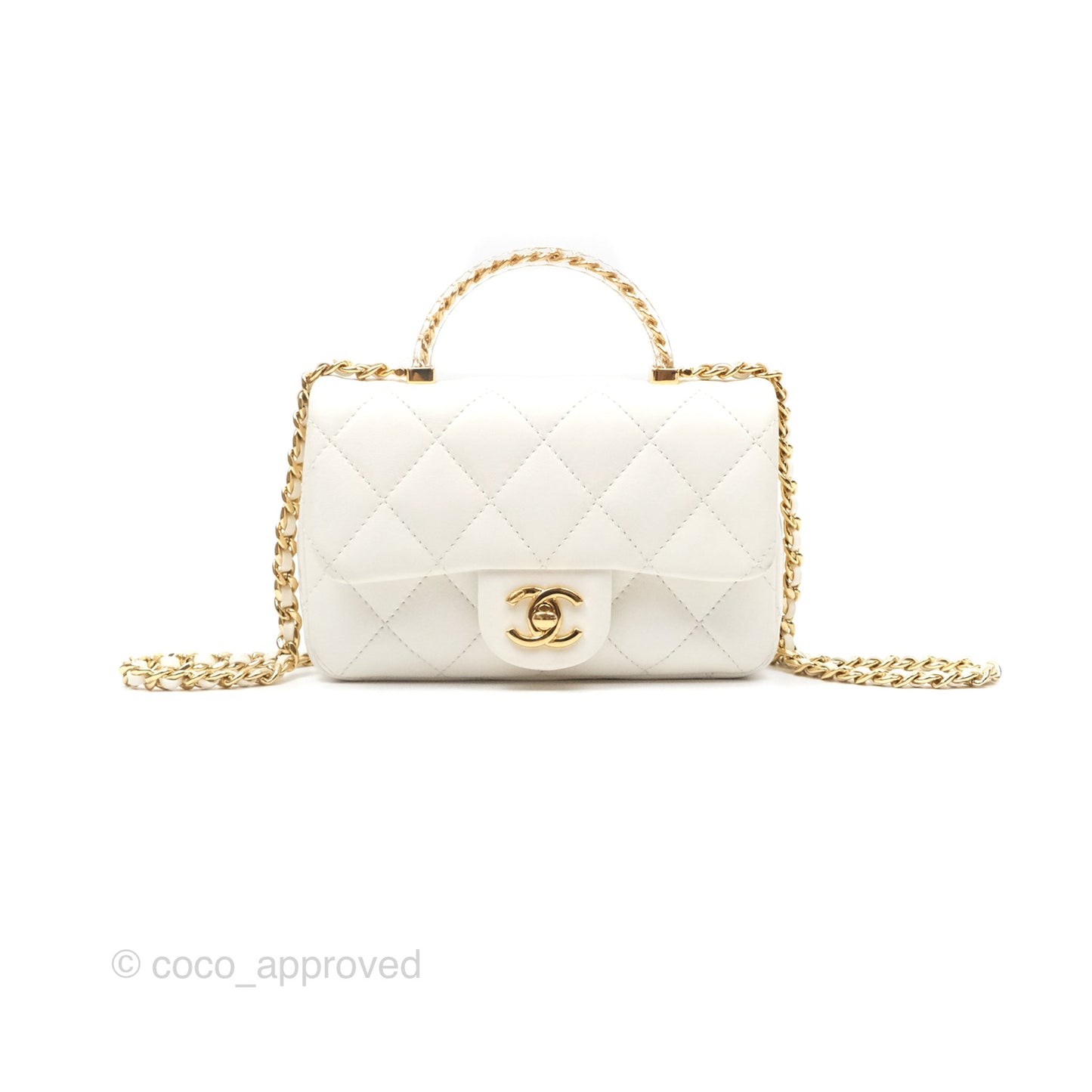 Chanel Top Handle Mini Flap Ivory White Lambskin Gold Hardware