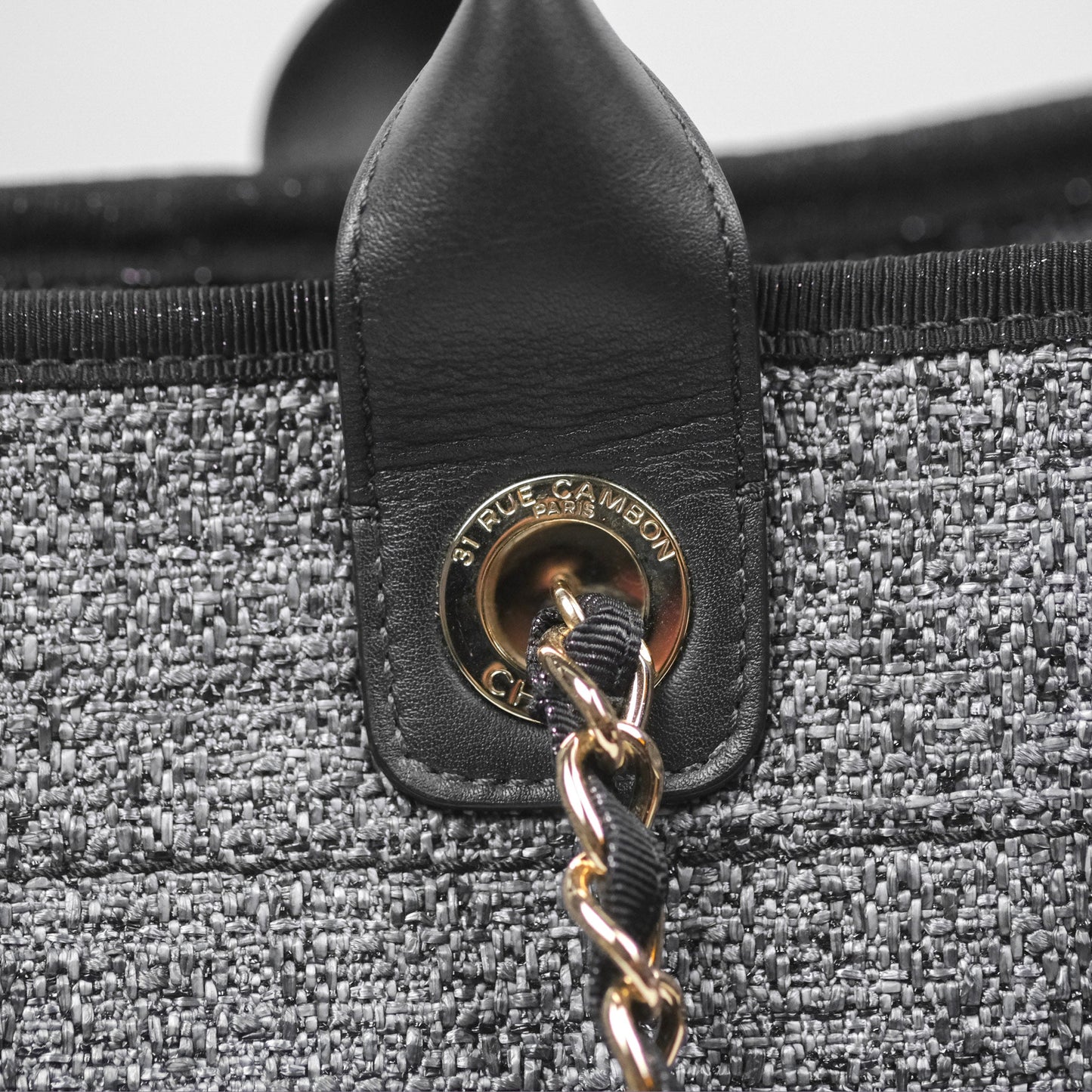 Chanel Large Deauville Glitter Black Grey Raffia Gold Hardware
