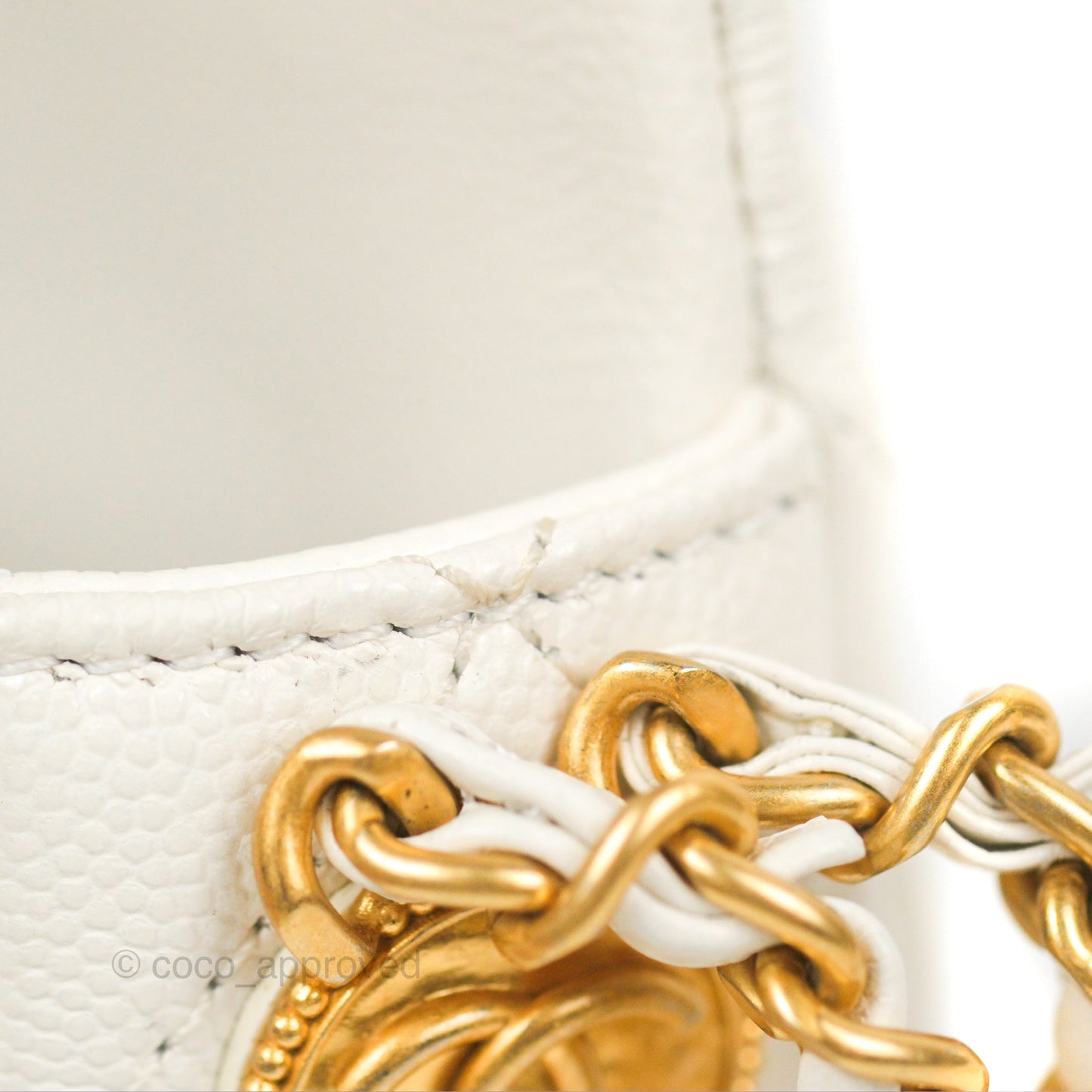 Chanel Mini Flap with Coin Charm White Caviar Aged Gold Hardware 22A