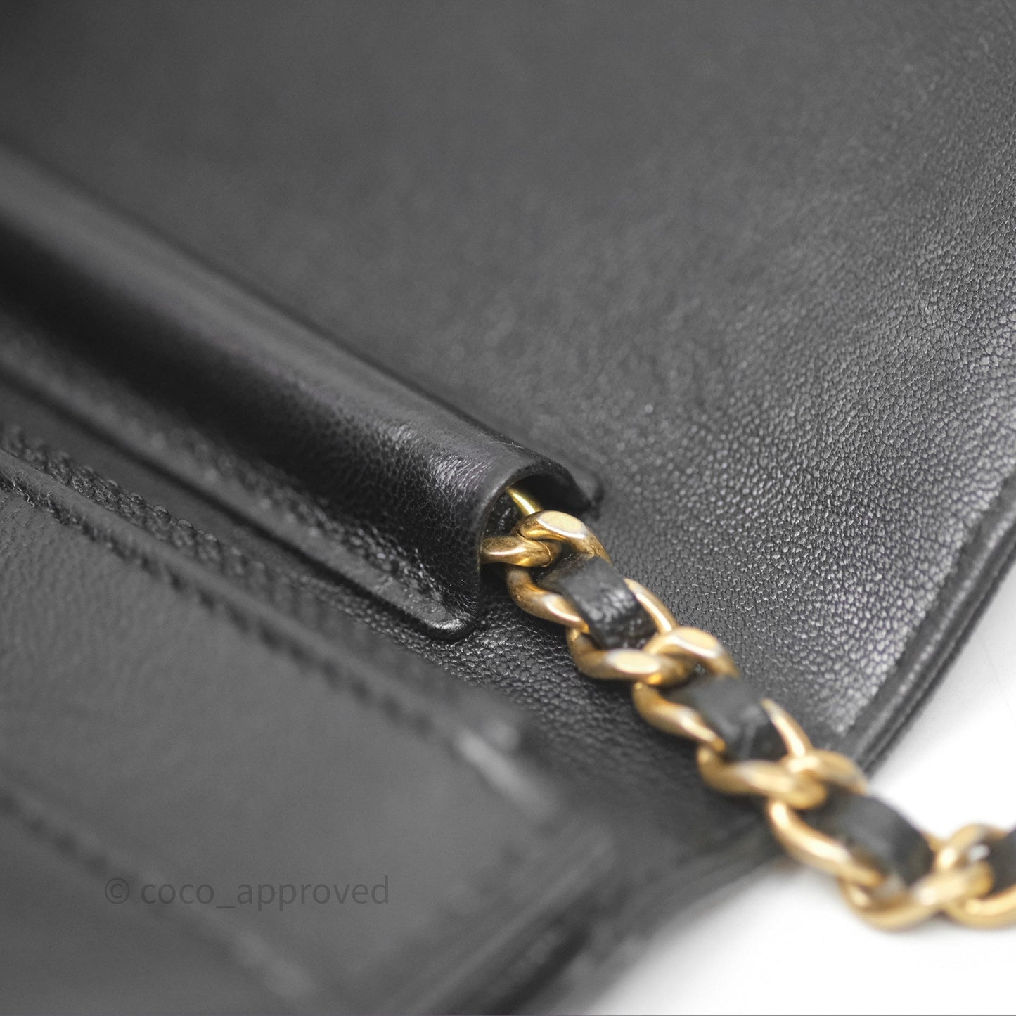 Chanel Reversed Chevron Wallet On Chain WOC Black Lambskin Aged Gold Hardware