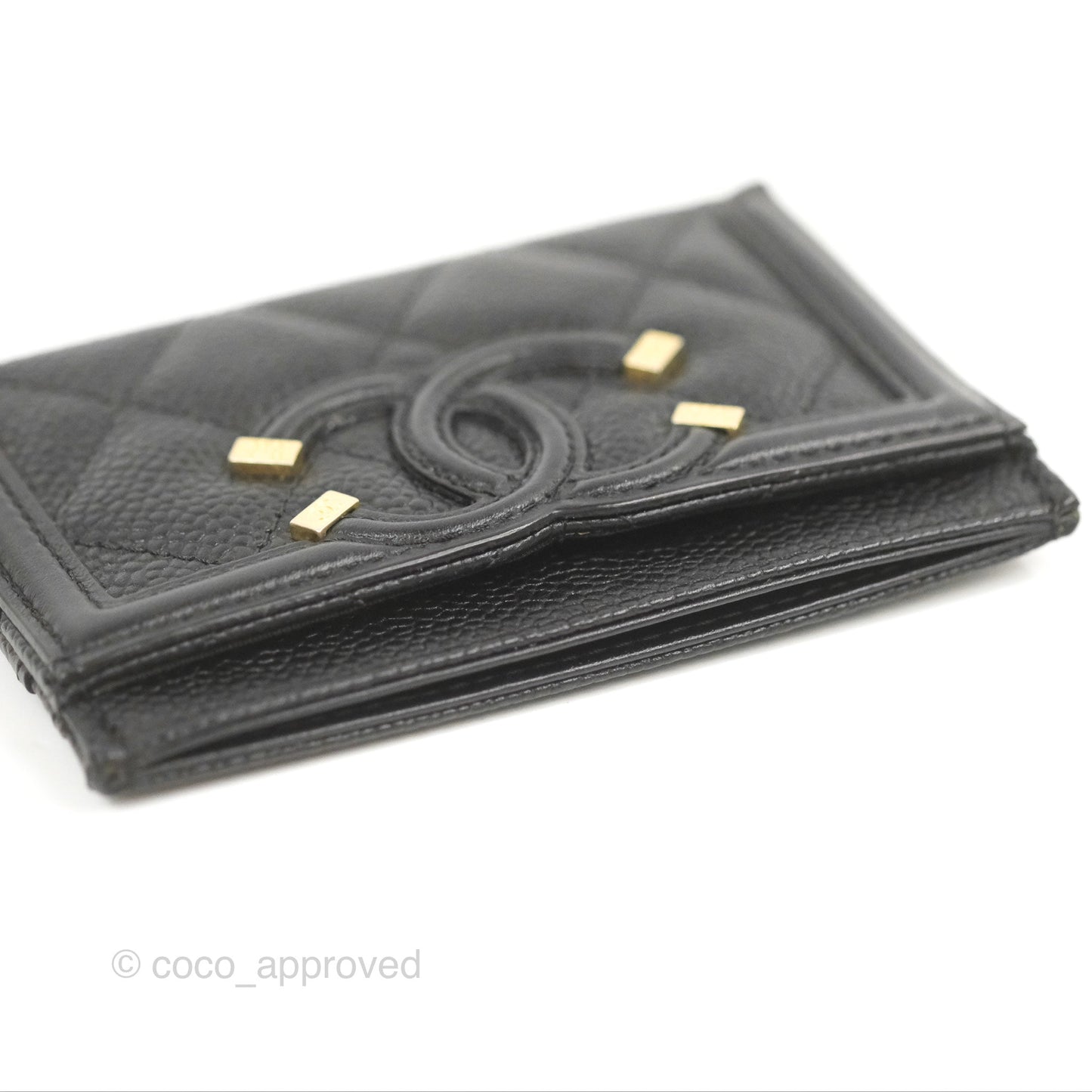 Chanel Filigree CC Flat Card Holder Black Caviar Gold Hardware