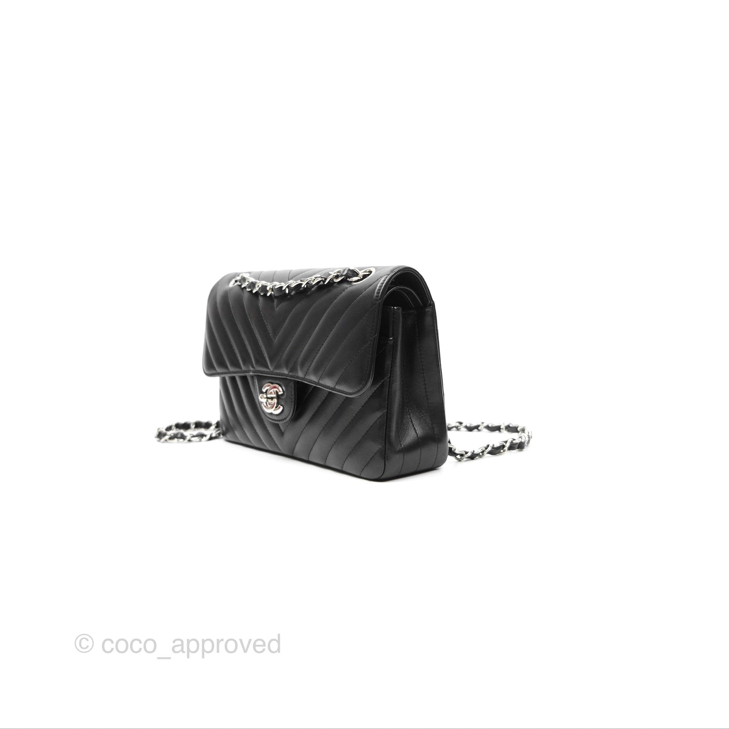 Chanel Small Classic Chevron Flap Black Lambskin Silver Hardware