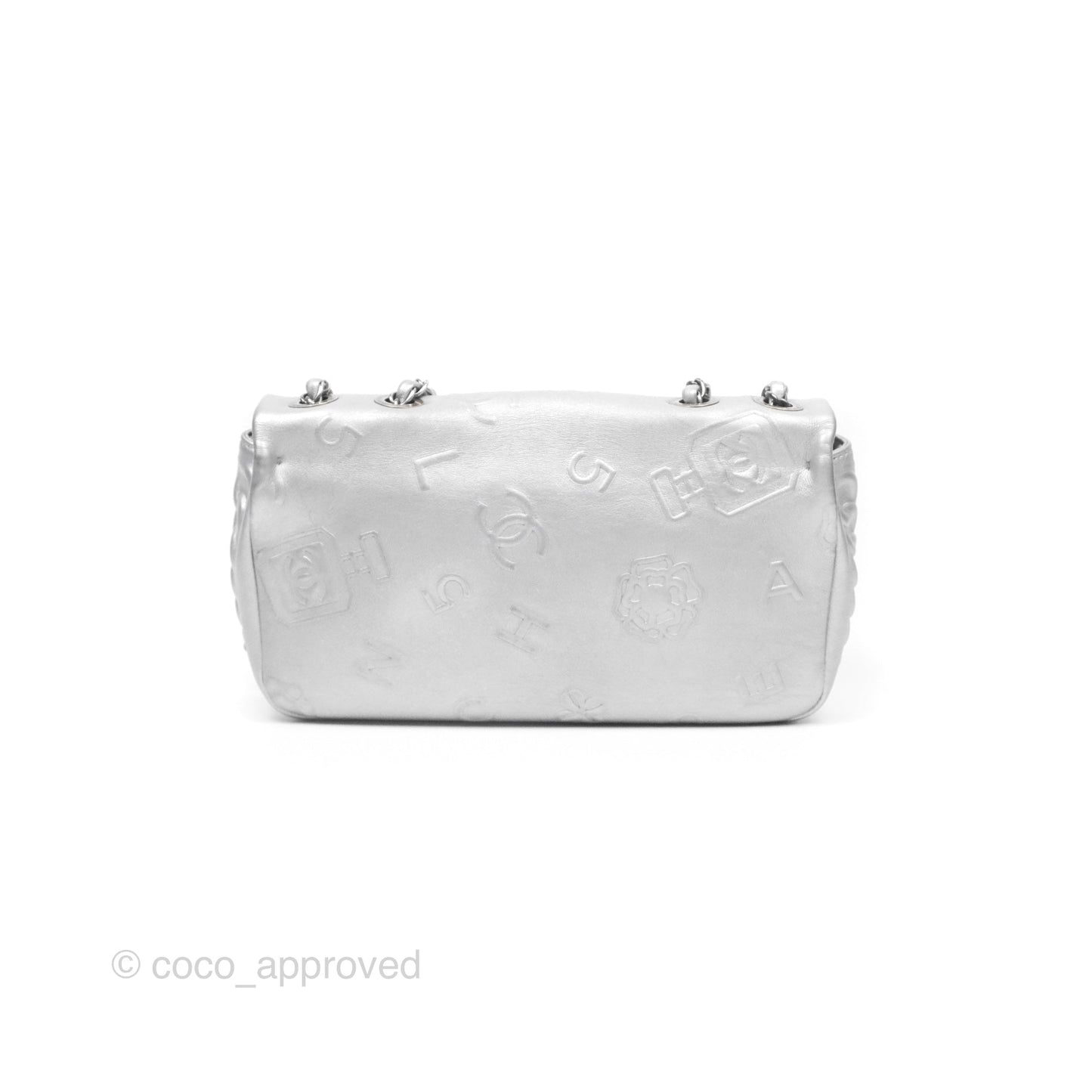 Chanel Medium Single Flap Embossed Metallic Silver Lambskin Ruthenium Hardware