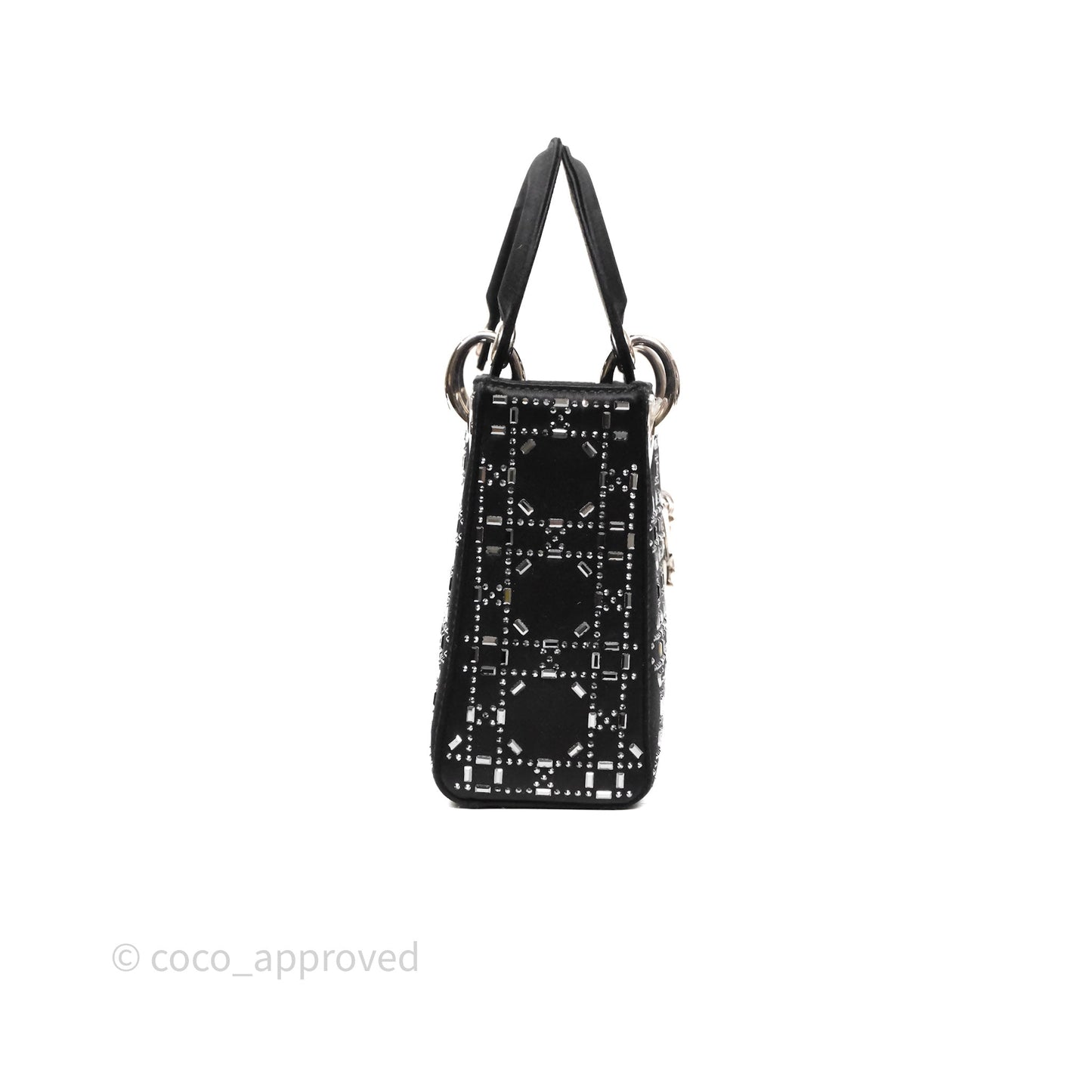 Christian Dior Mini Lady Dior Bag Black Strass Cannage Satin Silver Hardware