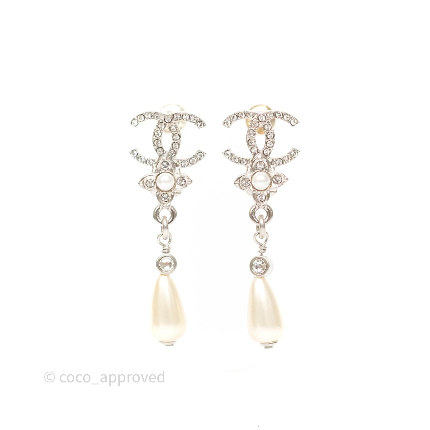 Chanel Crystals CC Tear Pearl Drop Earrings Silver Tone 22P