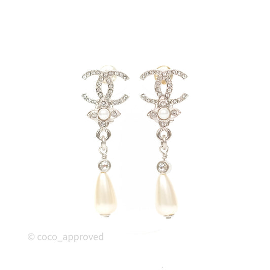 Chanel Crystals CC Tear Pearl Drop Earrings Silver Tone 22P