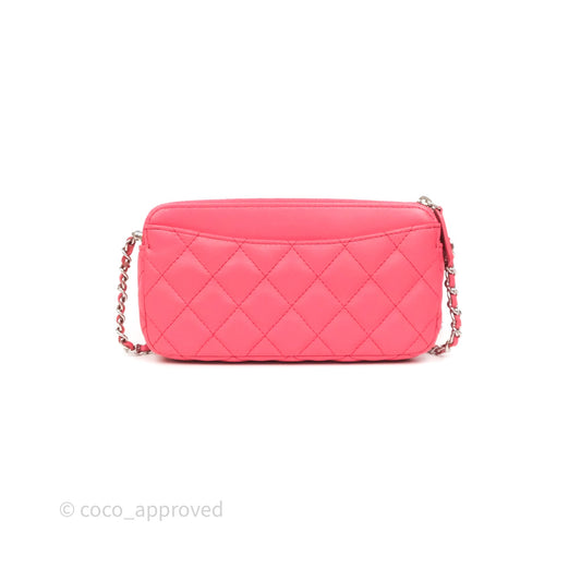 Chanel Double Zip Clutch On Chain Dark Pink Lambskin Silver Hardware