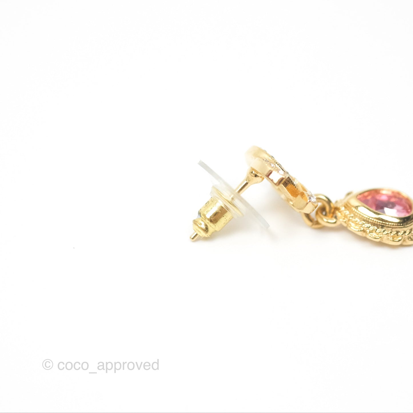 Chanel CC Crystal Pink Tear Resin Drop Earrings Gold Tone 22K