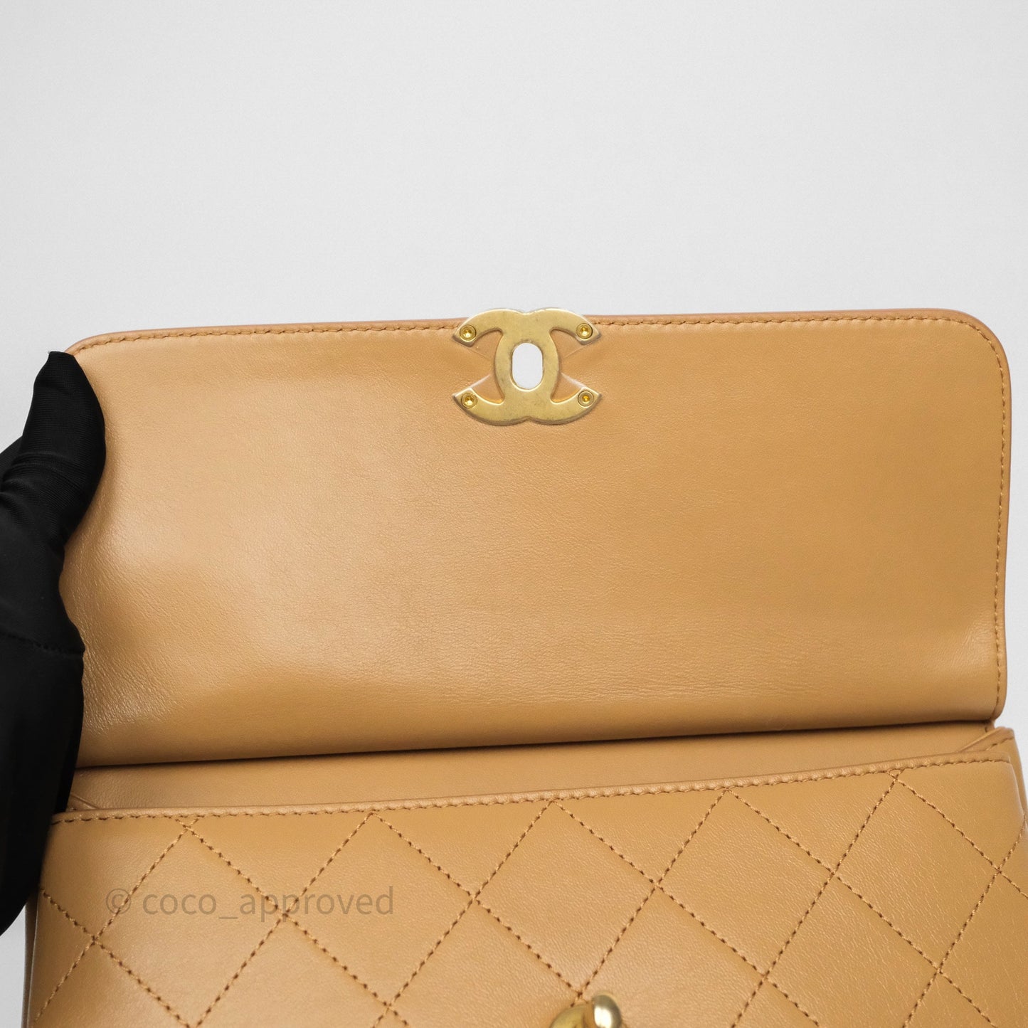 Chanel Small Coco Luxe Flap Bag Caramel Beige Calfskin Aged Gold Hardware
