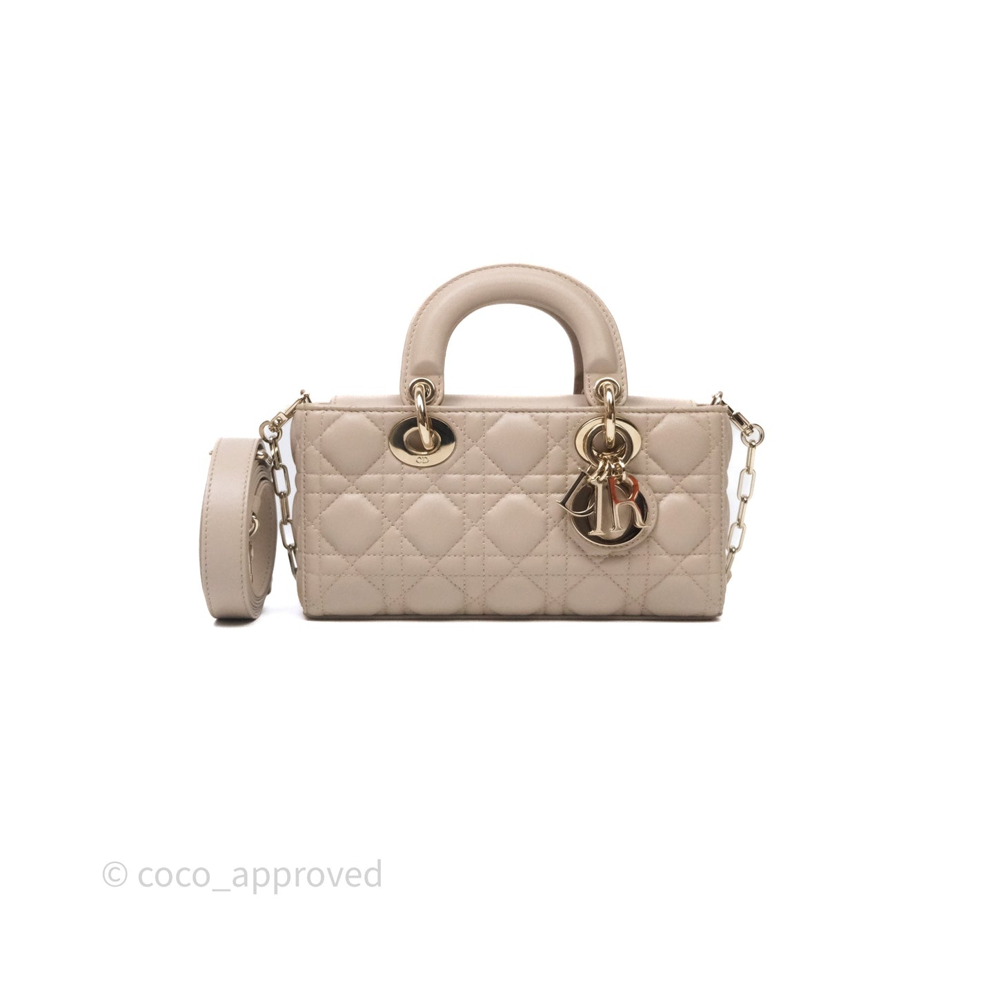 Christian Dior Small Lady D-Joy Powder Beige Cannage Lambskin Gold Hardware