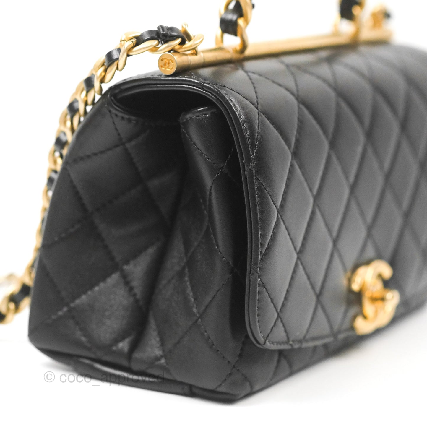 Chanel La Parisienne Top Handle Flap Bag Black Lambskin Aged Gold Hardware