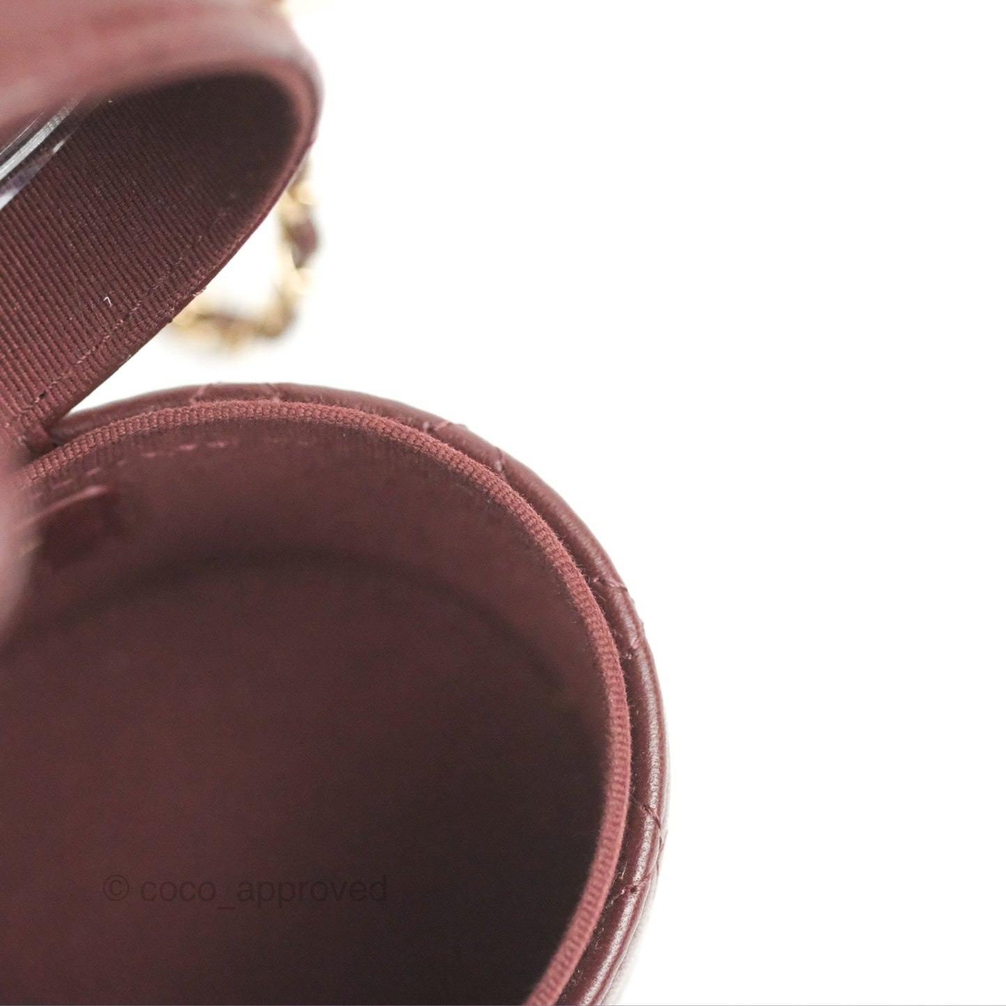Chanel Quilted Round Vanity Clutch With Chain Burgundy Lambskin Gold Hardware