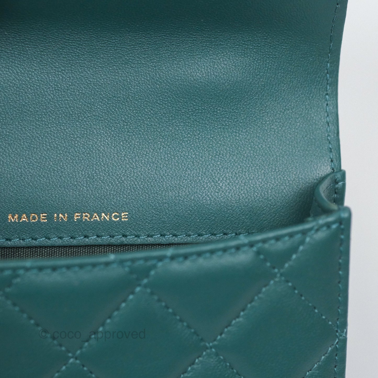 Chanel Mini Handle Clutch With Chain Green Lambskin Aged Gold Hardware