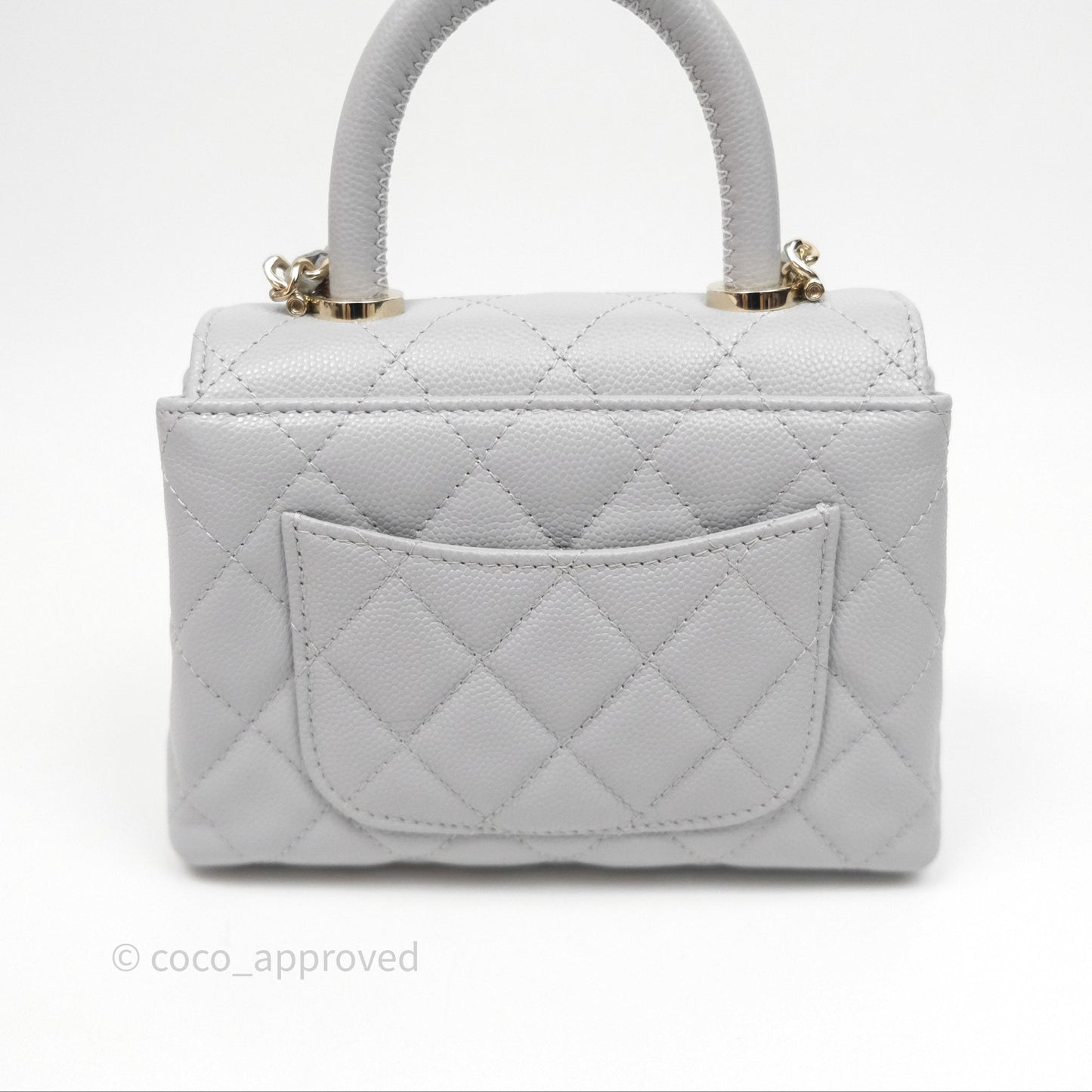 Chanel Coco Handle Clutch with Chain Quilted Light Grey Caviar Gold Hardware
