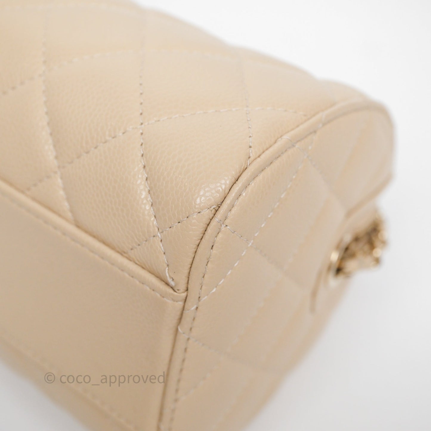 Chanel Mini Quilted Bowling Bag Beige Caviar Gold Hardware 25P