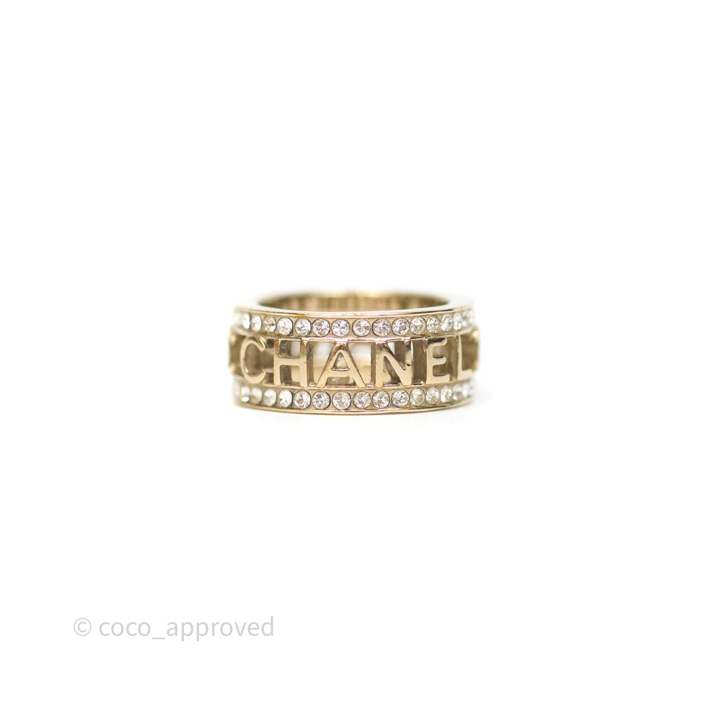 Chanel Crystal Logo Ring Gold Tone 20B