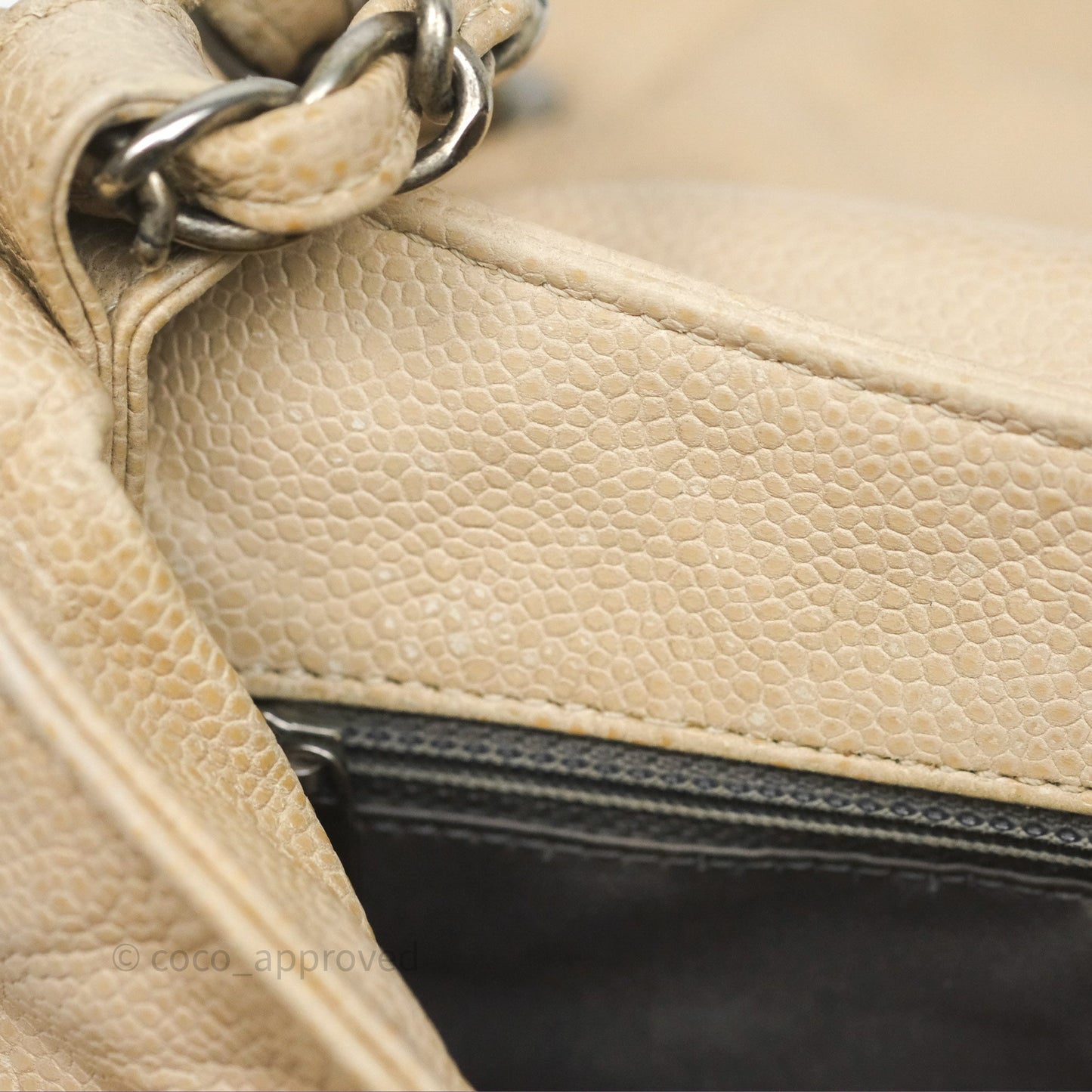 Chanel Quilted Coco Rider Hobo Bag Beige Caviar Ruthenium Hardware