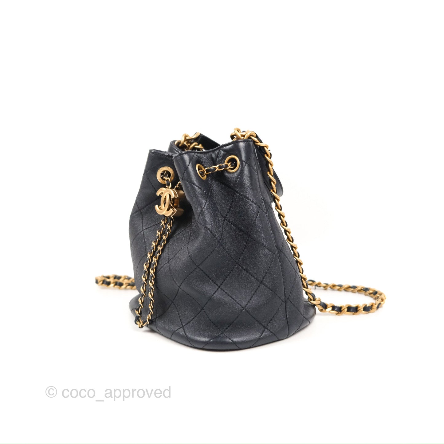 Chanel Quilted Top Handle Drawstring Bucket Bag Iridescent Navy Calfskin Aged Gold Hardware