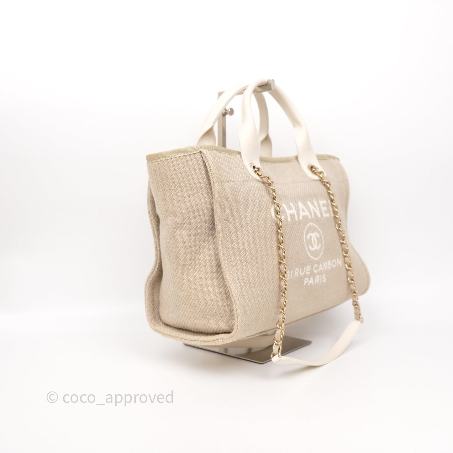 Chanel New Small Deauville Tote Beige Canvas Gold Hardware