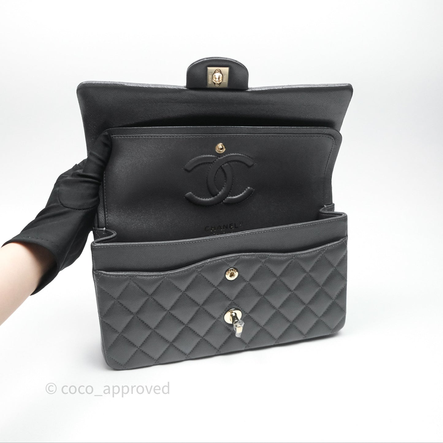 Chanel Classic M/L Medium Flap Quilted Dark Grey Caviar Gold Hardware