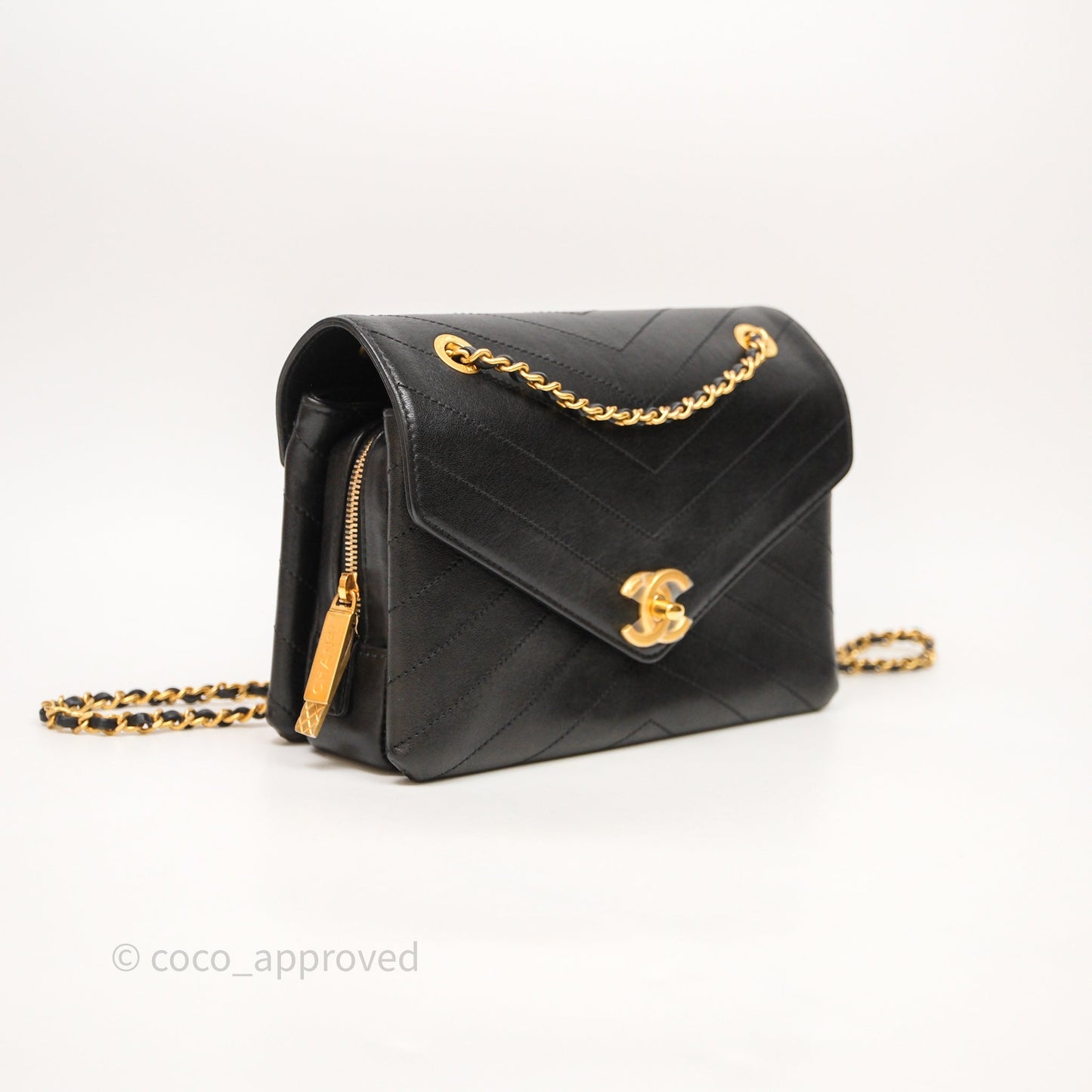 Chanel Chevron Flap Bag Black Calfskin Aged Gold Hardware
