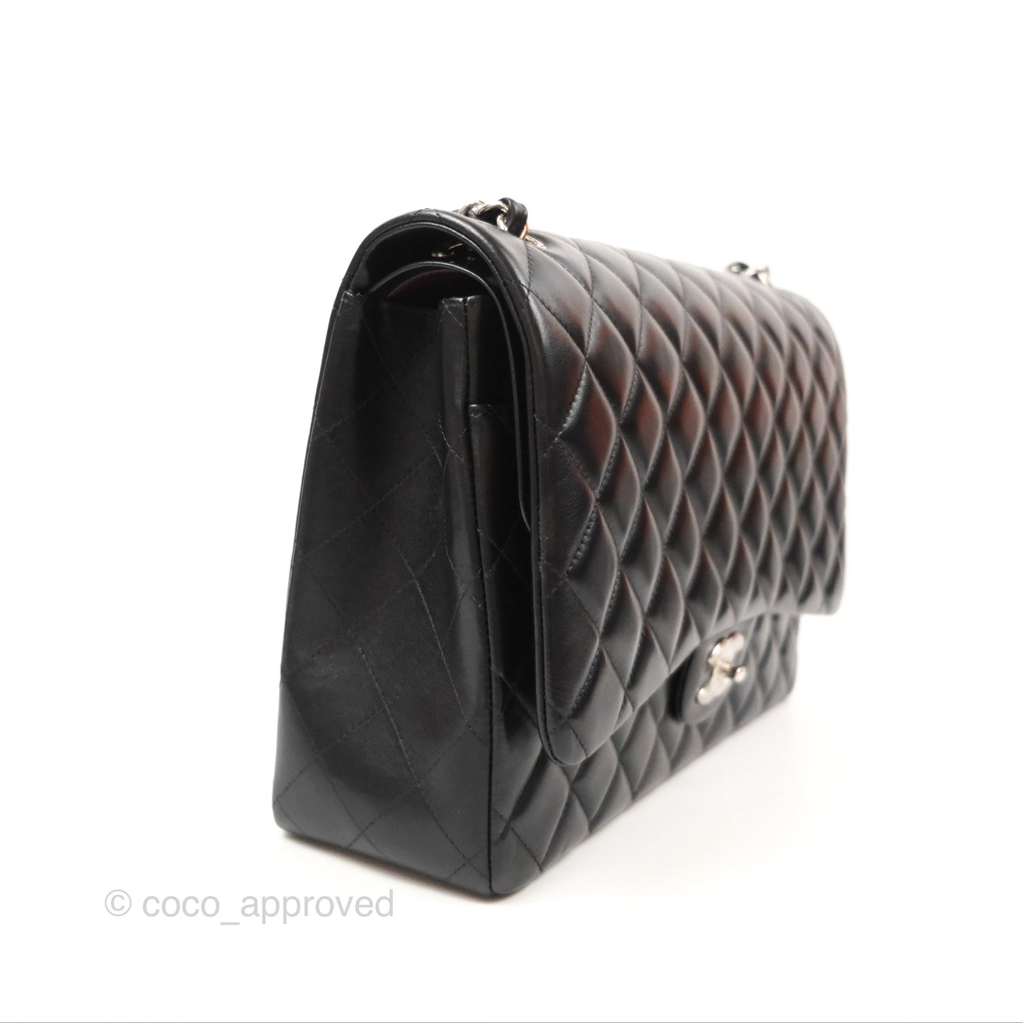 Chanel Quilted Maxi Double Flap Black Lambskin Silver Hardware