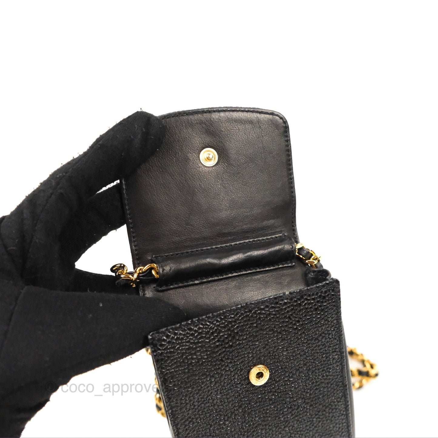 Chanel Vintage CC Caviar Black Phone Case With Chain Gold Hardware