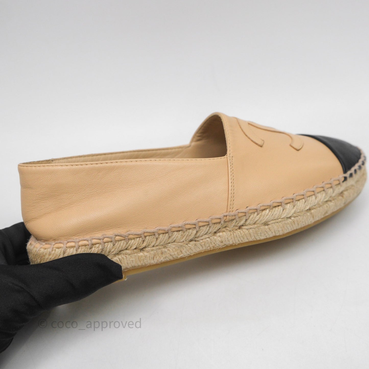 Chanel CC Espadrilles Beige Black Lambskin Size 37