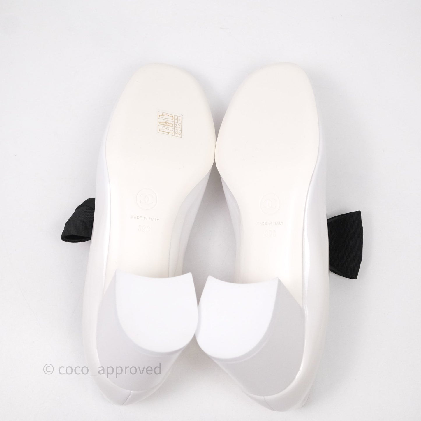 Chanel CC Ribbon Mary Jane Block Heels White Patent Size 39
