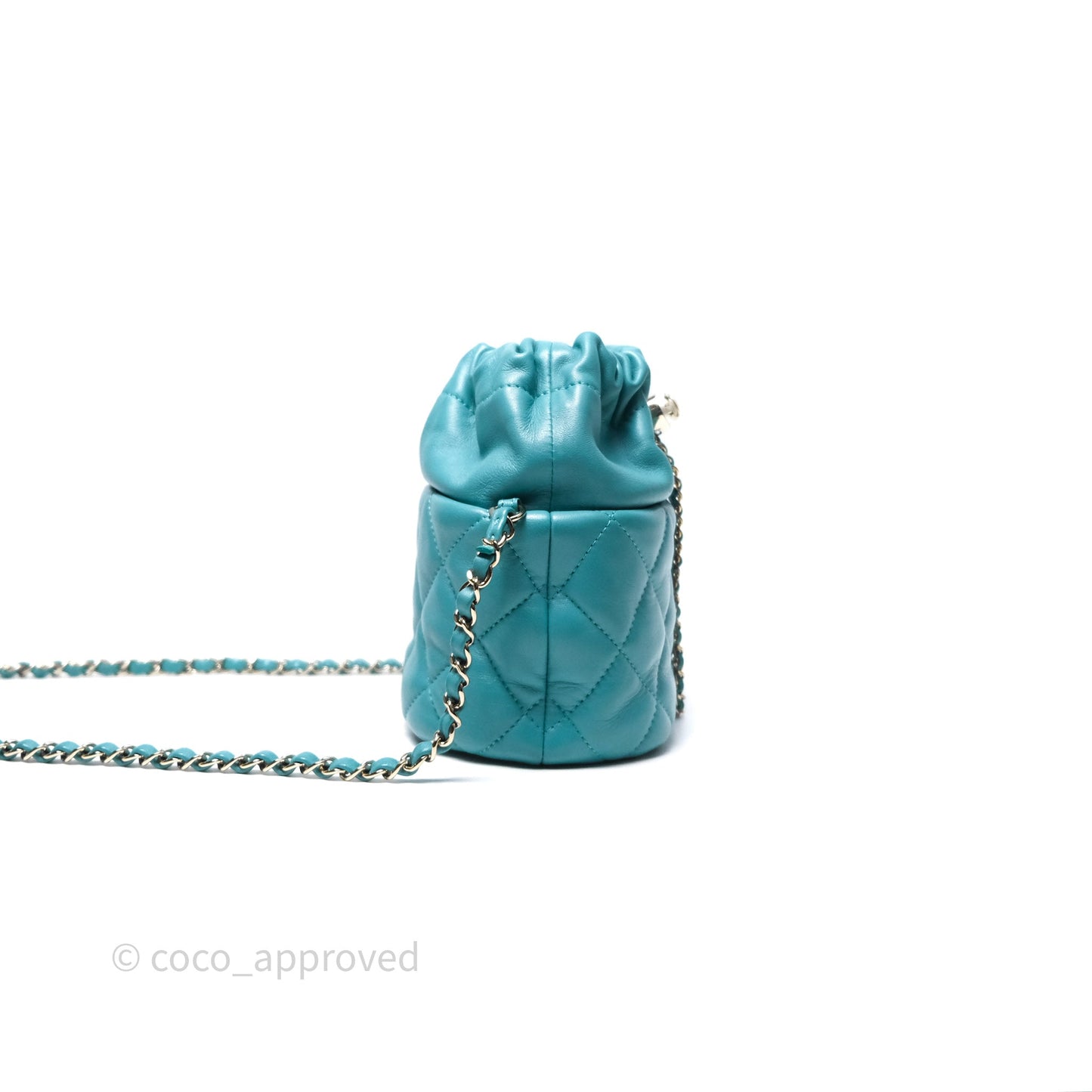 Chanel Pearl CC Drawstring Bucket Bag Teal Green Lambskin Gold Hardware
