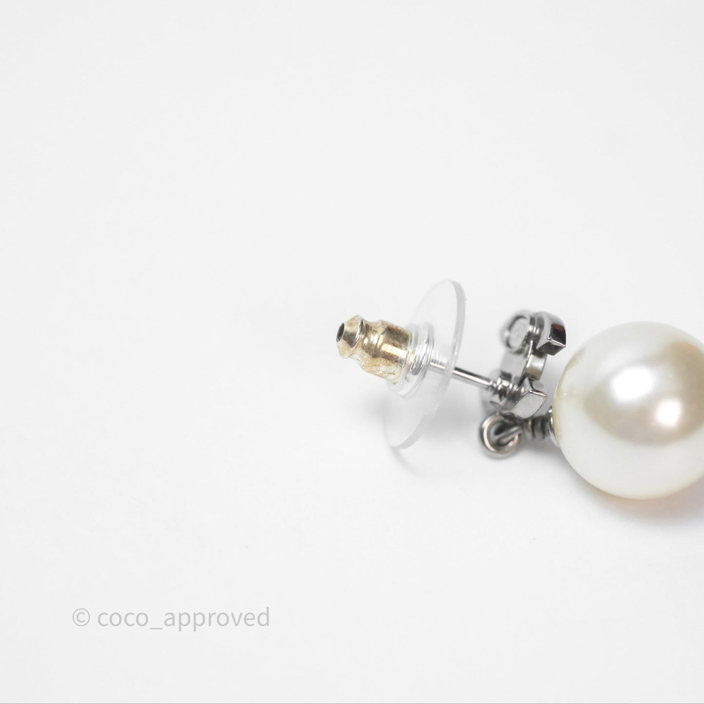 Chanel CC Crystal Pearl Drop Earrings Silver Tone 24V